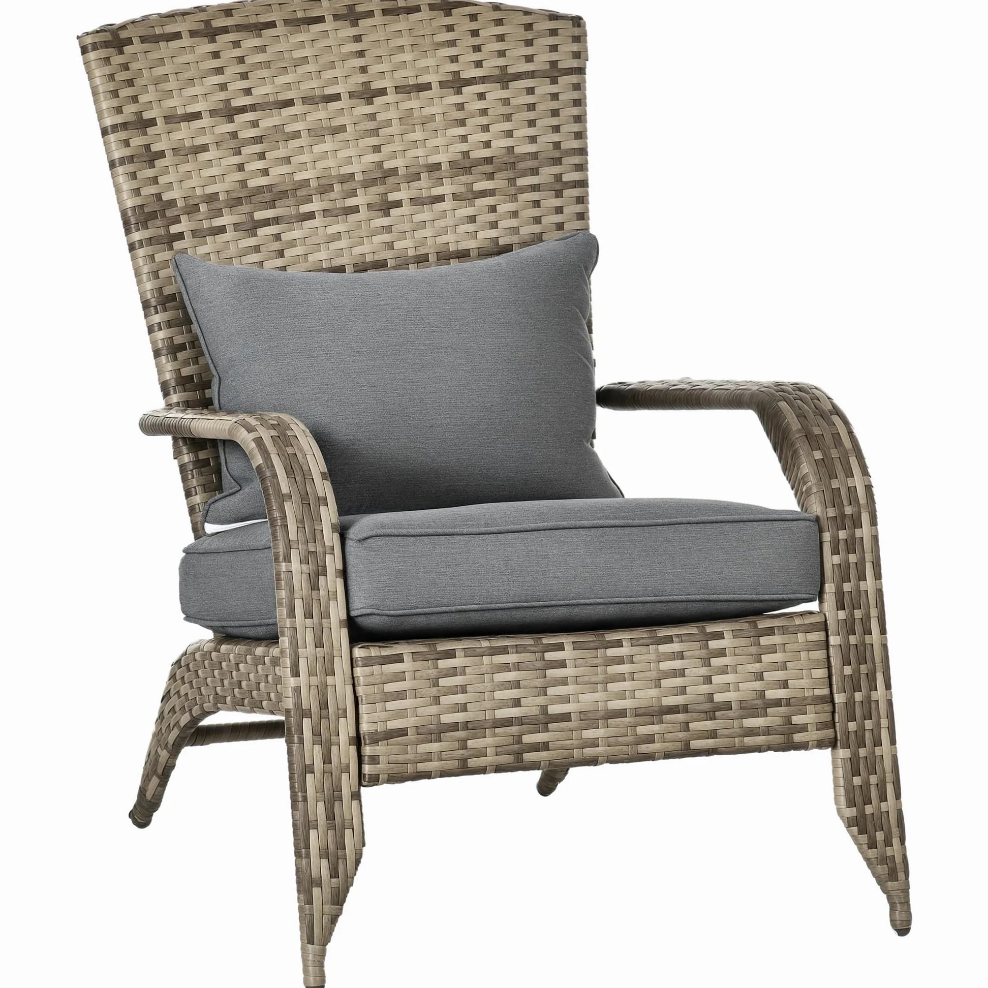 Outsunny Adironrack Silla de jardín con reposabrazos y Cojines, Silla de ratán y Acero para Interior y Exterior, 64x80x90 cm, Mezcla de marrón y Gris Oscuro
