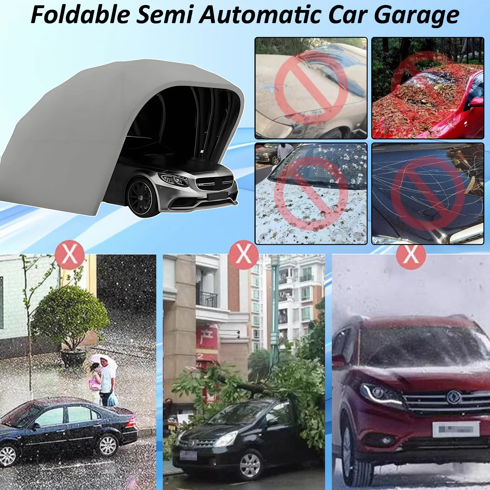 Cochera Retráctil Mejorada, Cobertizo Gris De Acero Inoxidable, Cobertizo Plegable Semiautomático SUV/Automóvil, Tela Oxford De Espesor 600d (5,9m × 2,7m × 2,45m)