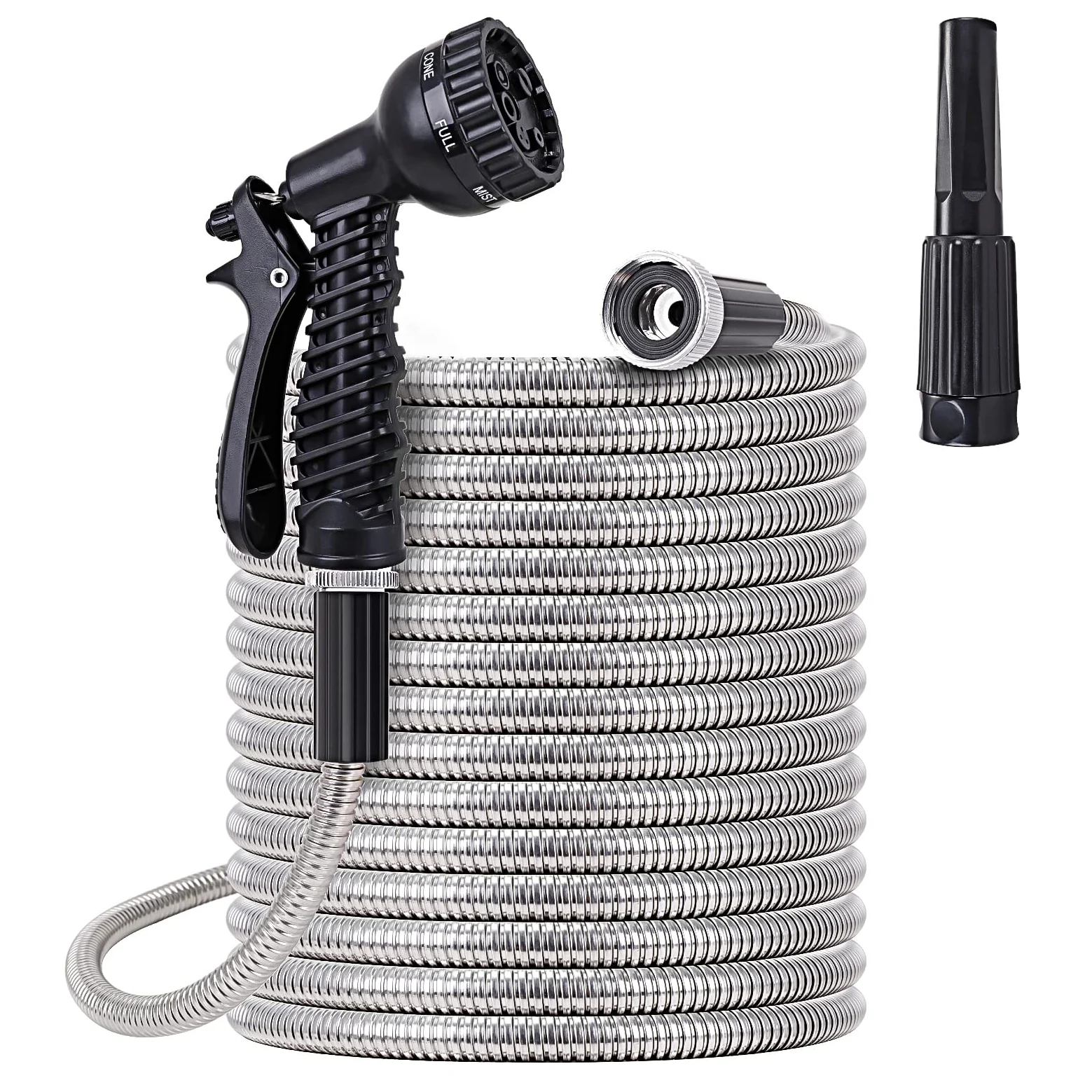 Manguera de jardín de metal de 50 pies, manguera de agua de acero inoxidable con 2 boquillas, ligera, sin enredos y sin torceduras, resistente, alta presión, flexible, a prueba de perros