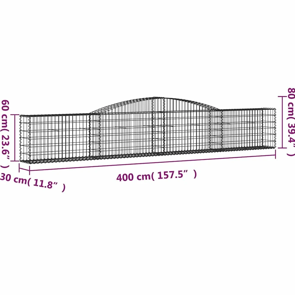 Gaviones con arco alto, 4 unidades, 400 x 30 x 60/80 cm de hierro galvanizado para barreras de jardín y protección visual como pared decorativa insonorizante con construcción estable