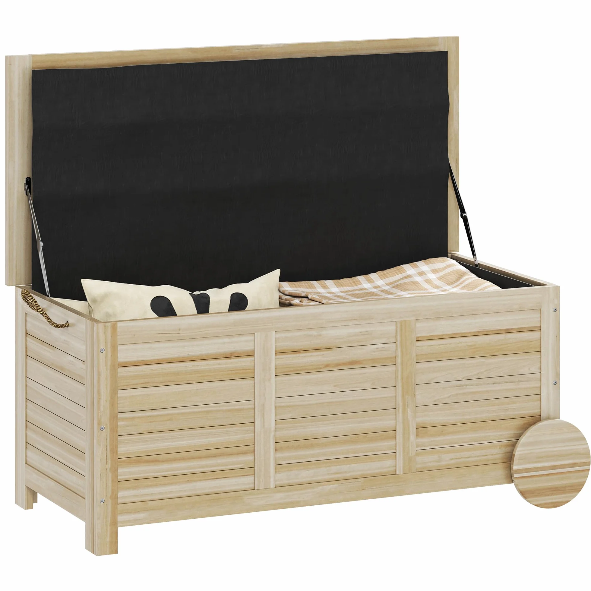 Outsunny Baúl de Almacenaje Exterior 185L, Arcón de Jardín de Madera con Tapa Abatible, 2 Ruedas, Bisagras Metálicas, Cuerdas de Lino y Forro Interior, 110x50x50 cm, Natural