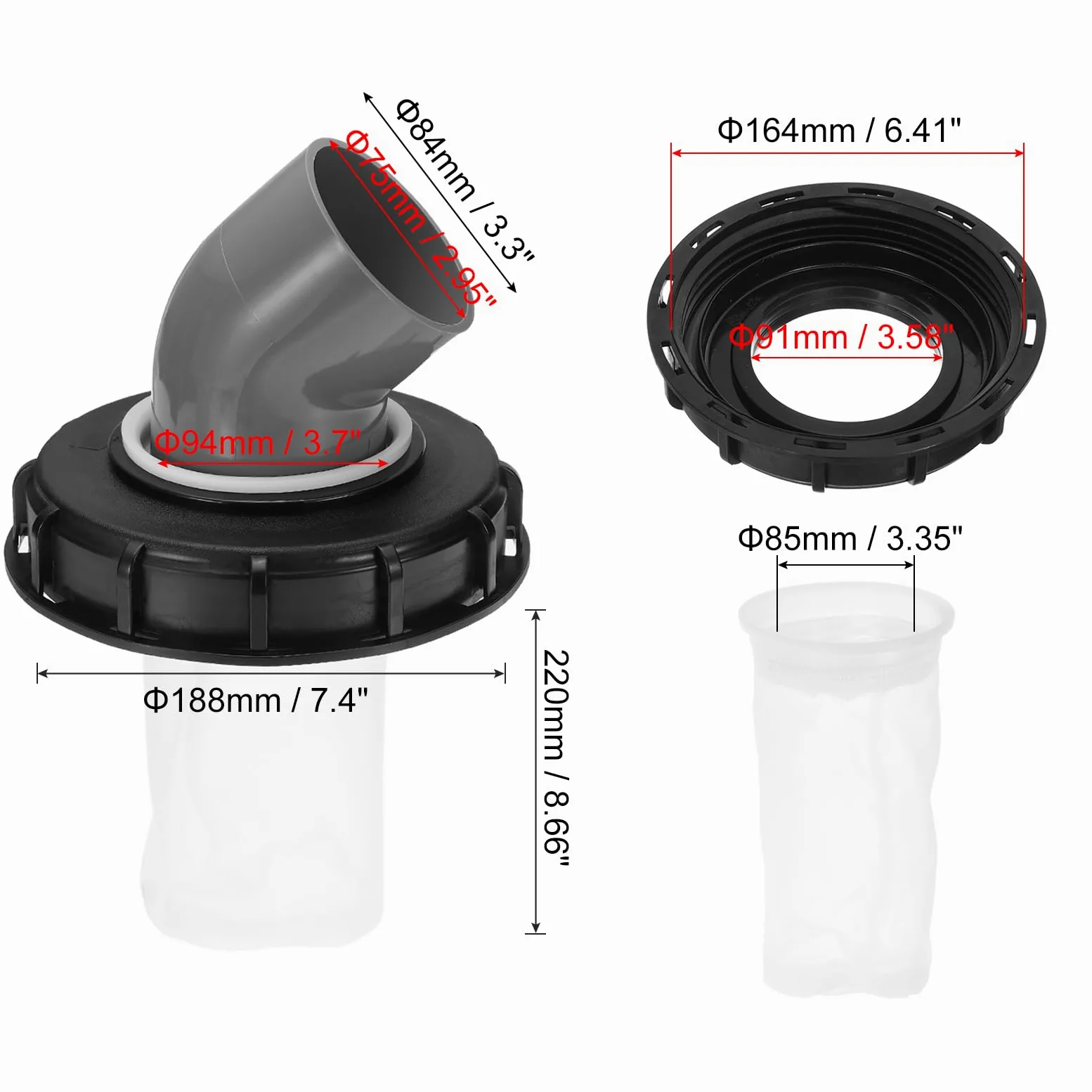 sourcing map Tapa de filtro IBC de 163 mm, adaptador de manguera de plástico IBC de 45°, contenedor de tanque de agua de lluvia de 1000 L con filtro de nailon lavable para tanques de agua de 275