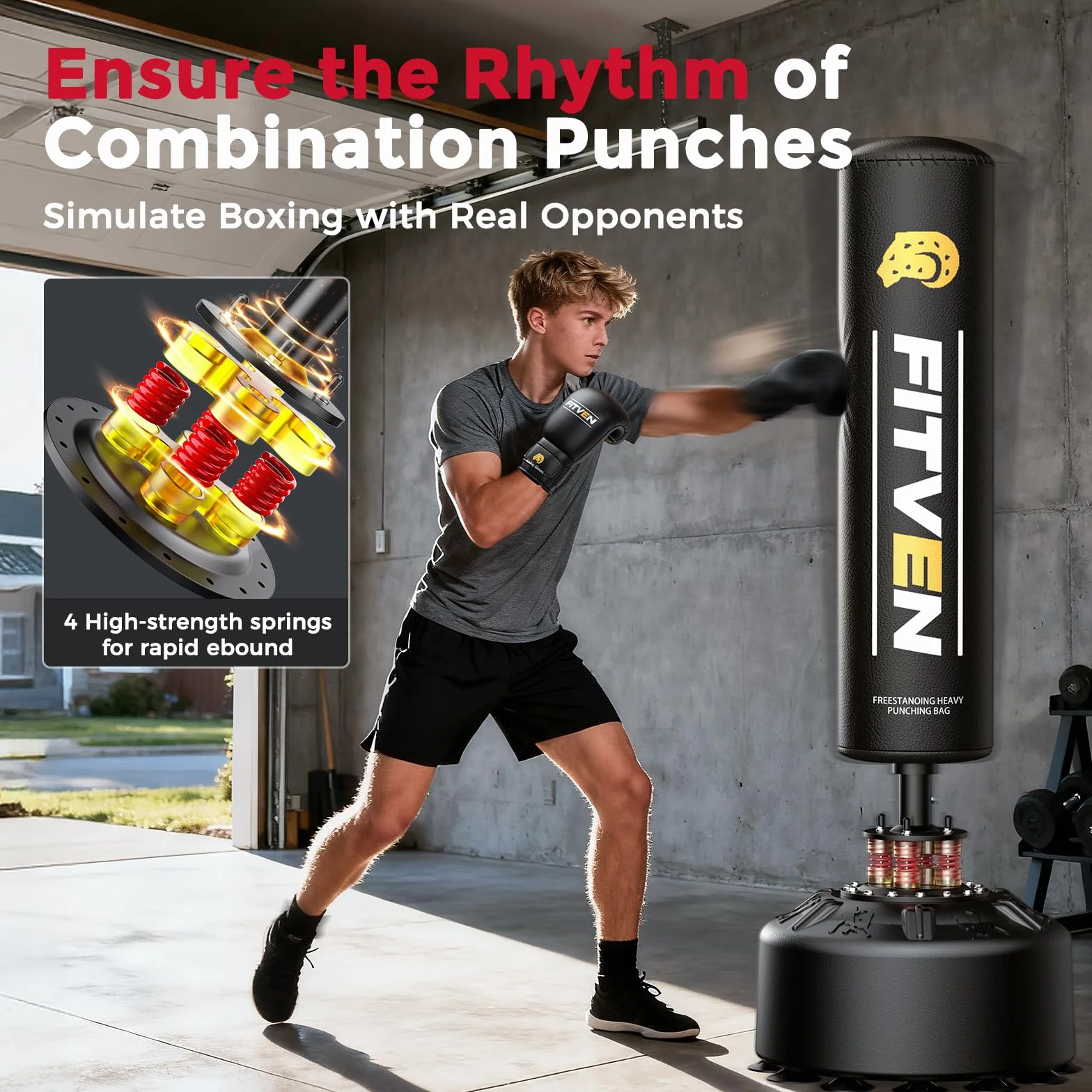 FITVEN Saco de boxeo independiente con guantes, pesado con base de ventosa para adulto y niño, bolsa de kickboxing para hombre