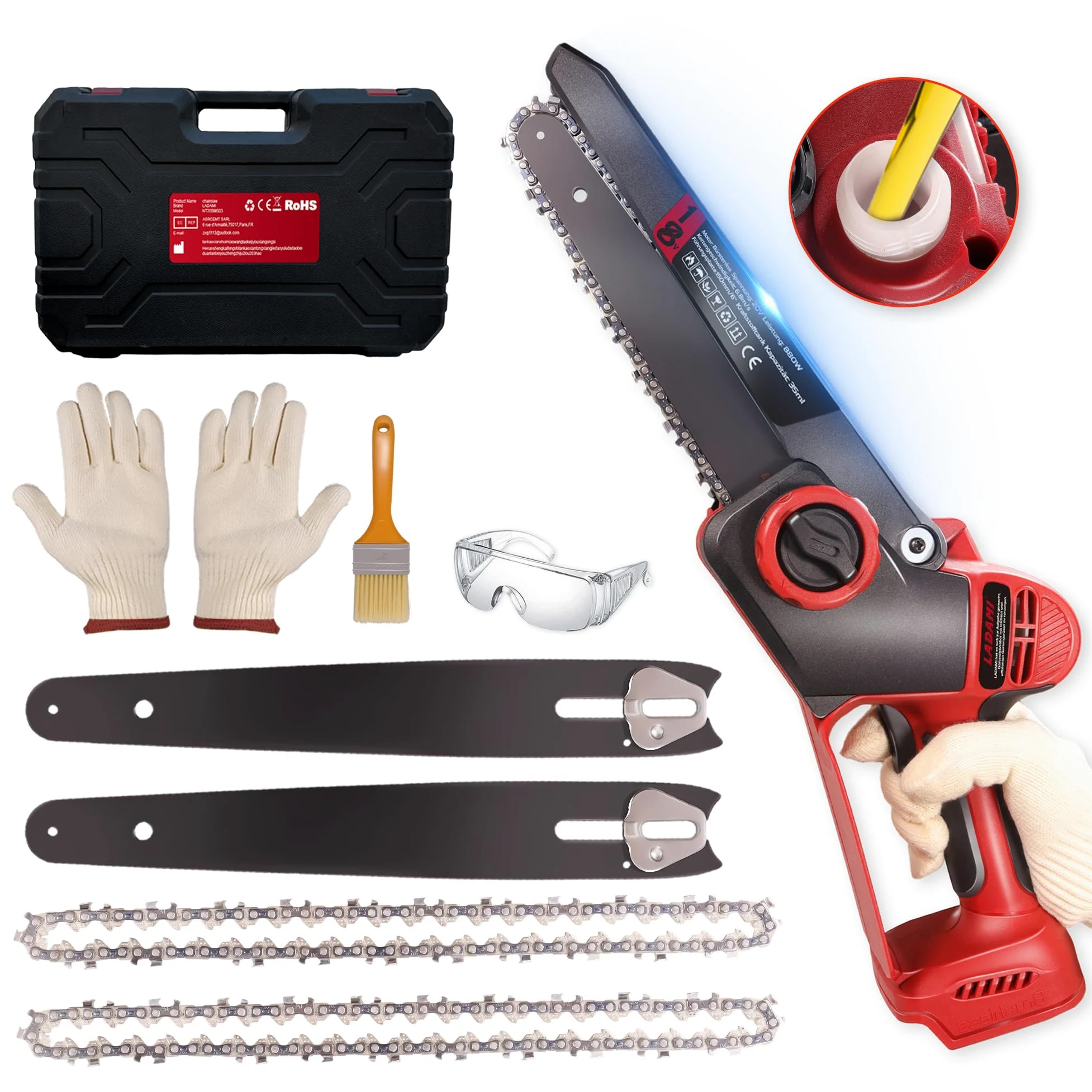 Motosierra con batería de 8 pulgadas, mini motosierra con aceite automático y cadena de repuesto, motosierra inalámbrica compatible con Makita 、Einhell 、bosch baterías de 18 V para jardín