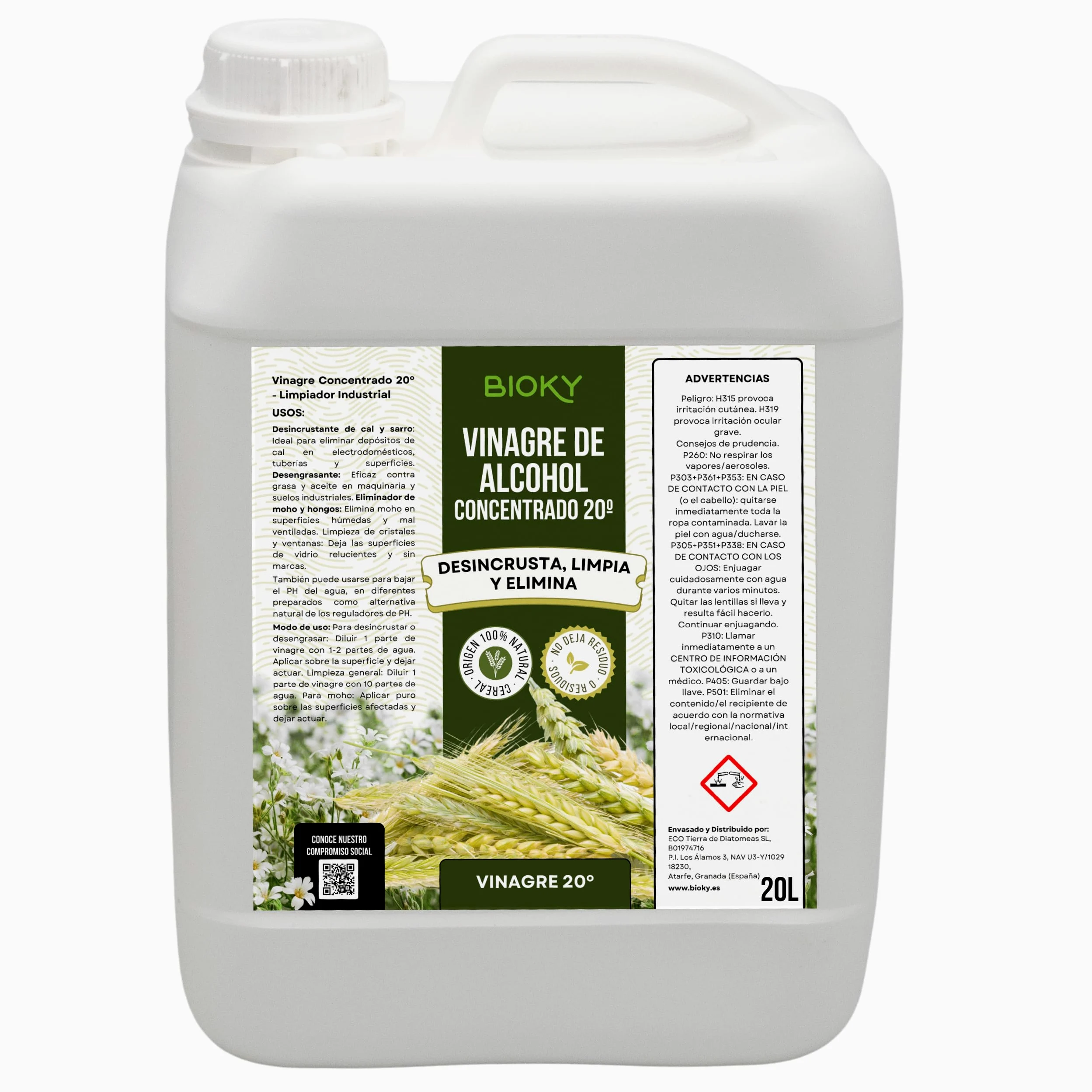 Vinagre Concentrado al 20% - 20L – Origen Natural de Alcohol de Cereal – Sin Residuo - Acción Limpiador Profundo - Elimina Moho y Hongos (20L)