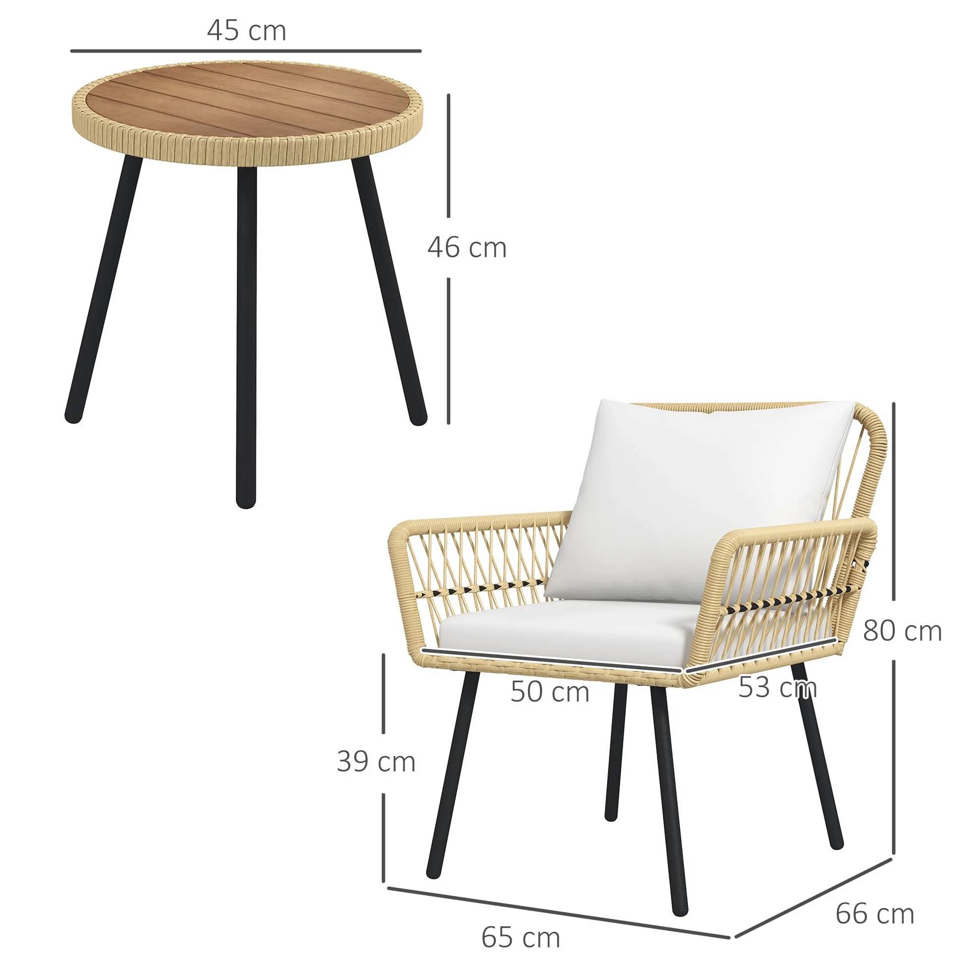 Outsunny Conjunto de Muebles de Jardín Juego de 3 Piezas Sillas y Mesa de Ratán con 2 Sillas 1 Mesa de Centro Redonda y Cojines para Terraza Césped Balcón Natural