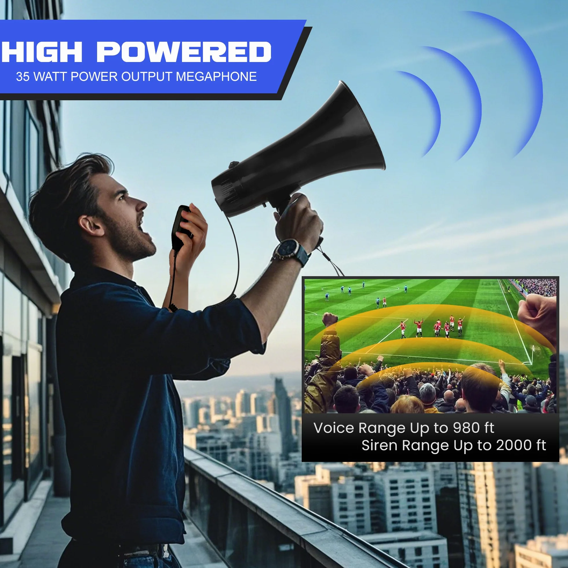 Megáfono Altavoz PA Bullhorn con Micrófono Desmontable, Sirena, USB y Grabación 240S