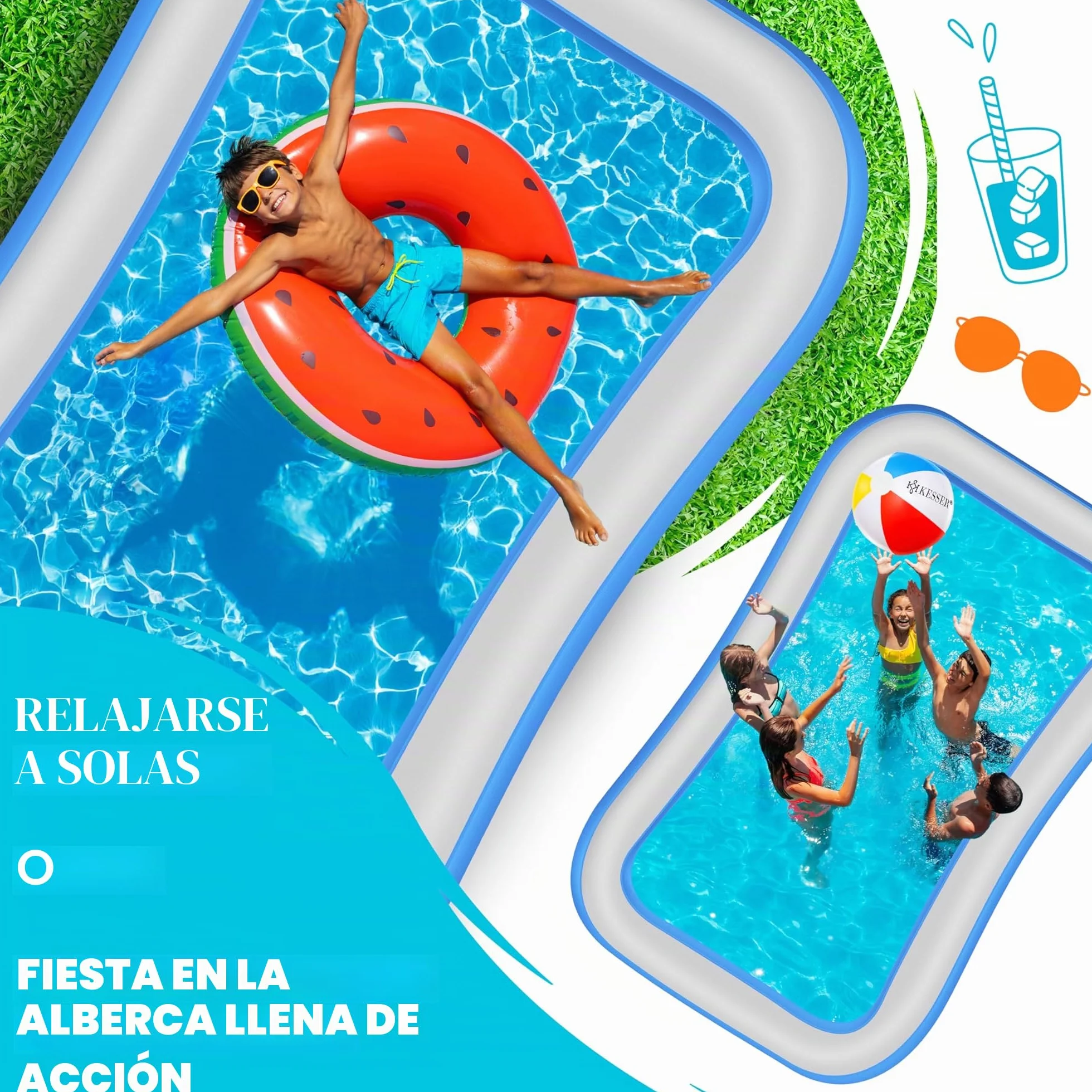 KESSER® Piscina Familiar Inflable para Niños y Adultos, de Jardín y Verano, 240 x 142 x 56 cm, 613 Litros, con Agujeros de Drenaje