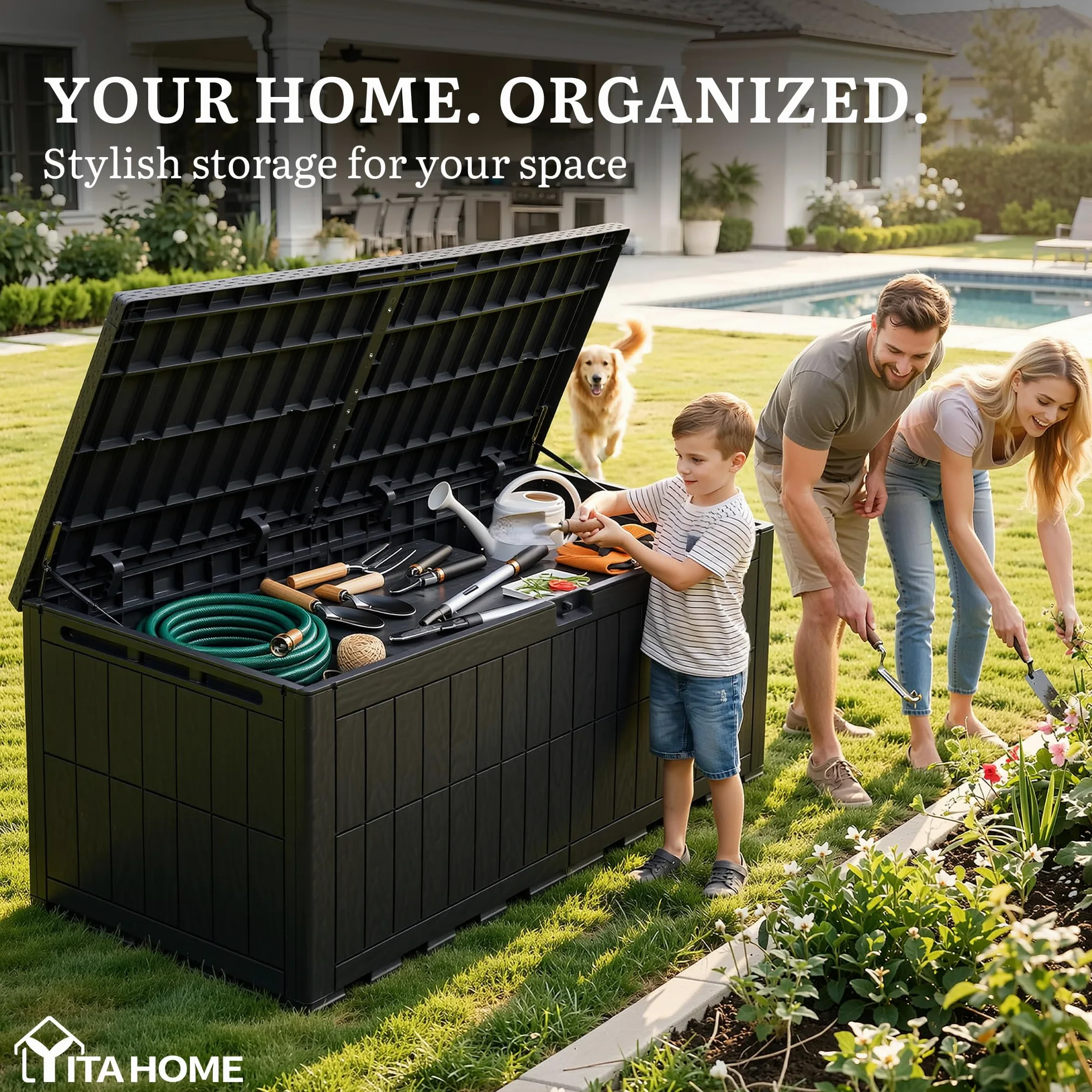 YITAHOME Caja de almacenamiento para exteriores, caja impermeable de 230 galones para herramientas de jardín, cojines de patio y accesorios de piscina, con cerradura, fácil montaje, banco o mesa