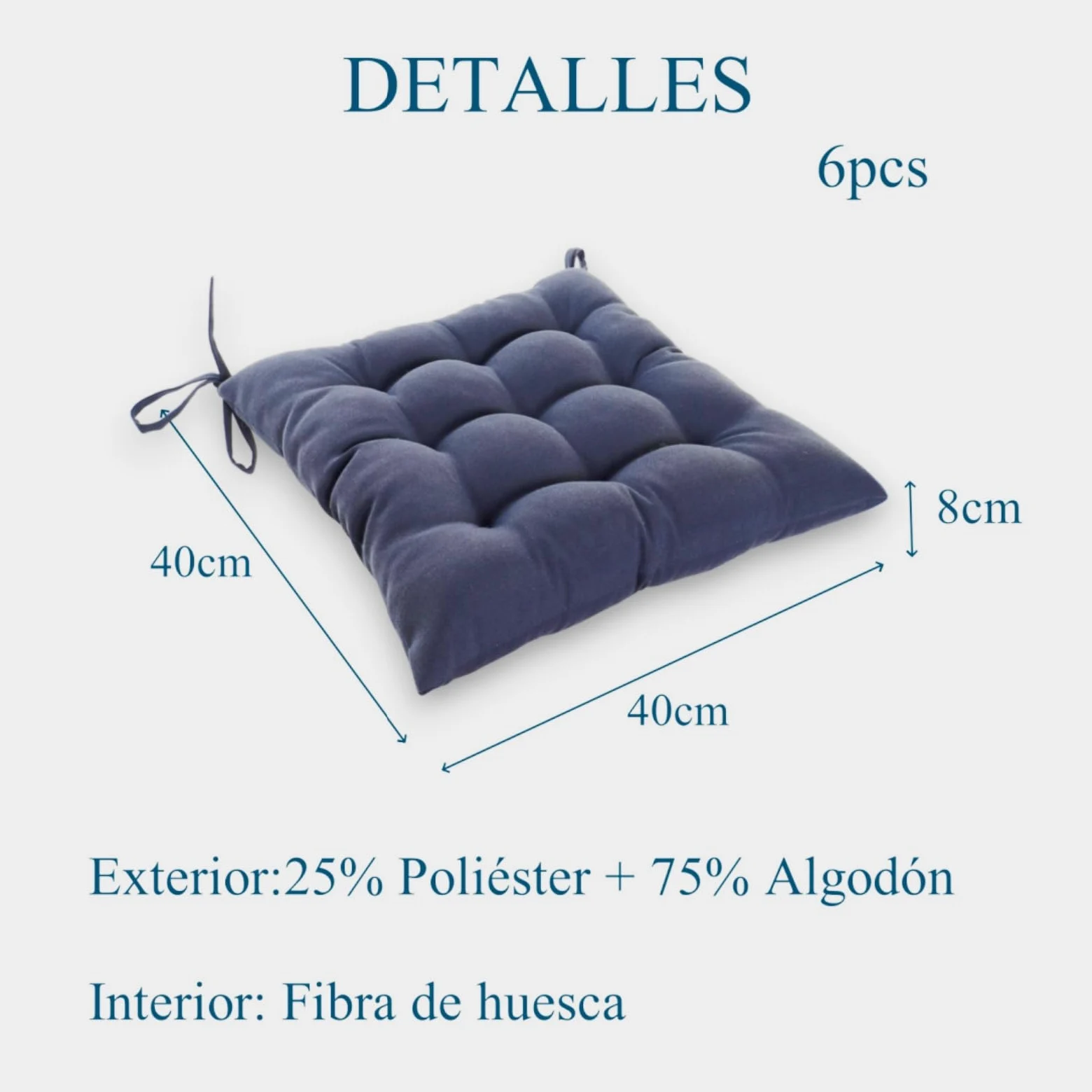 Super Mundo - Pack 6 Cojines para Sillas con Correas de sujeción, 40 x 40 x 8 cm, Ideal para decoración jardín Interiores y Exteriores (6 Pack, Azul Marino)