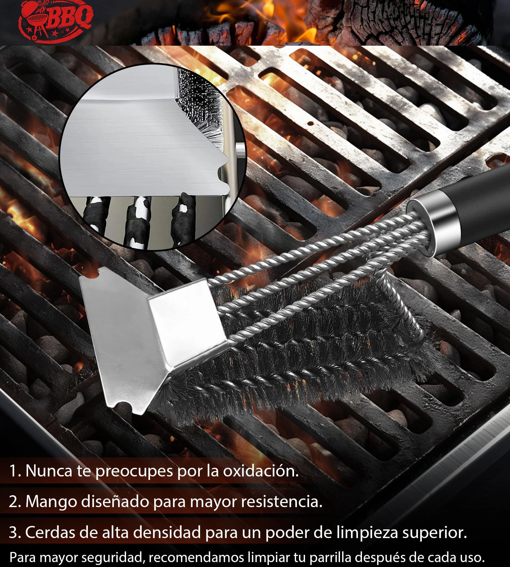 Cepillo de Barbacoa 3 en 1 con Cerdas de Alambre de Acero Inoxidable para Carbón Vegetal y Parrilla Eléctrica al Aire Libre - Jardín, Camping - Cepillo de Limpieza para BBQ
