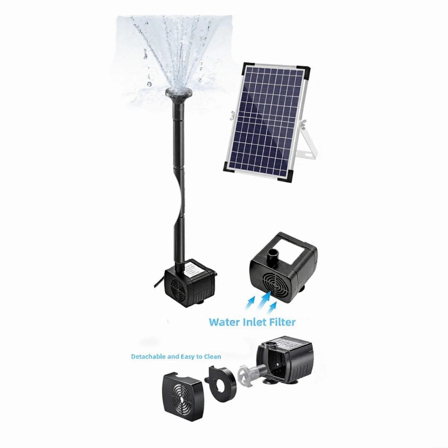 Bomba de fuente solar de 10 W 9 V con 9 boquillas, flujo de 500 l/h para baño de pájaros, estanque de peces, función de agua de jardín, sistema de agua de circulación al aire libre, altura