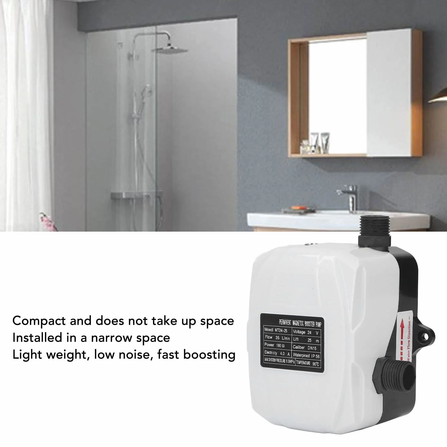 Bomba de Refuerzo de Presión de Agua, DC 24V 180W Mini Bomba Automática Solar de Alta Elevación con Flujo de 35L / Min Bomba de Agua de bajo Ruido para Grifo Baño Ducha Jardín
