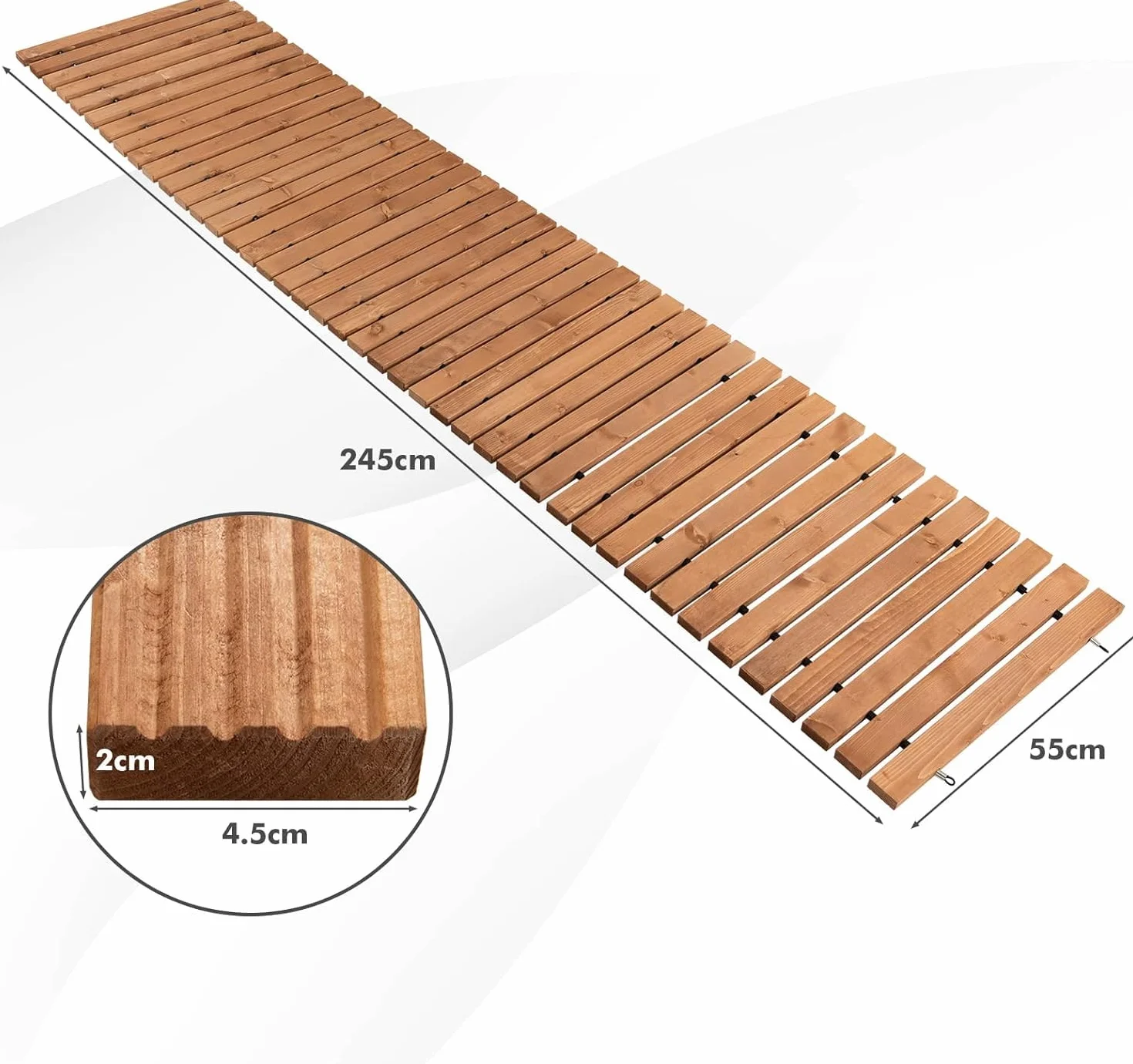 FANTASK Camino de jardín Extensible de Madera, 245 cm de Ancho y 55 cm de Ancho, con Alambre de Acero, Color marrón Claro