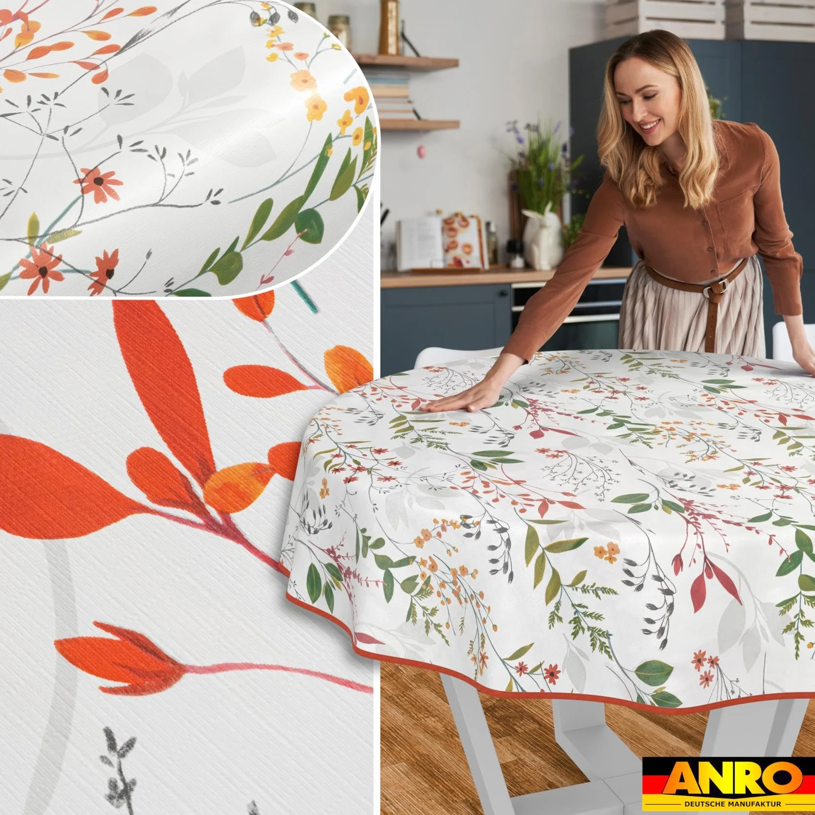 Mantel de Hule Lavable, fácil de Limpiar, Impermeable, Efecto Loto, para jardín, Natural, Redondo, 140 cm, con Dobladillo (Ribeteado)