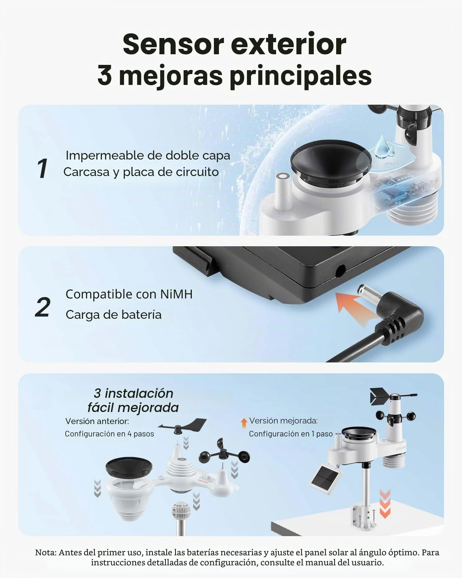 VEVOR Estación Meteorológica Wifi 7 en 1, con App, Pantalla VA de 190,5 mm, Sensor Solar Inalámbrico, Pluviómetro, Pronóstico del Tiempo, Velocidad del Viento, Temperatura, Humedad y Precipitación