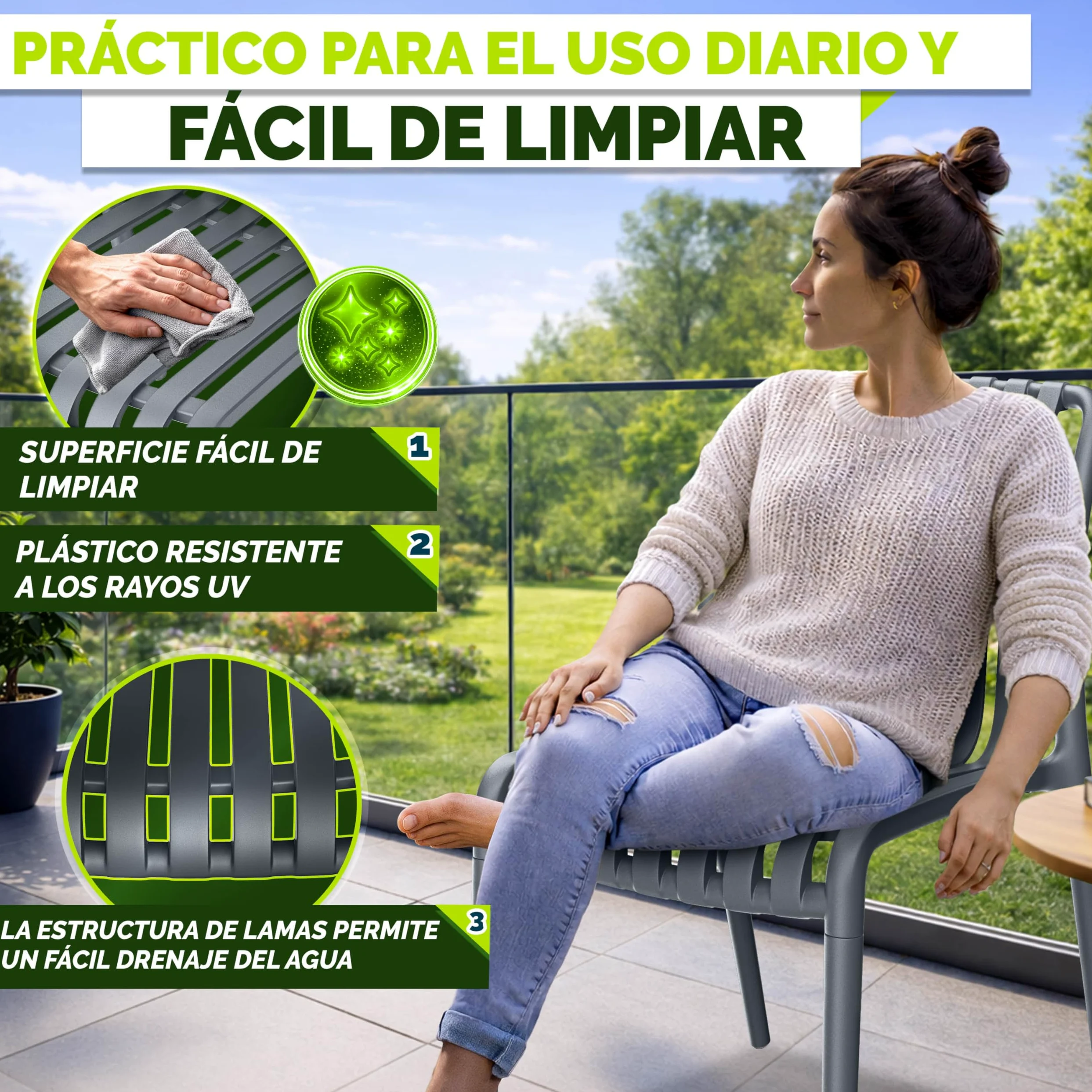 tillvex Juego de 2 sillas de jardín apilables, resistentes a la intemperie, sillas de exterior de hasta 120 kg, sillas de jardín para exteriores, muebles de terraza, balcón, jardín, terraza