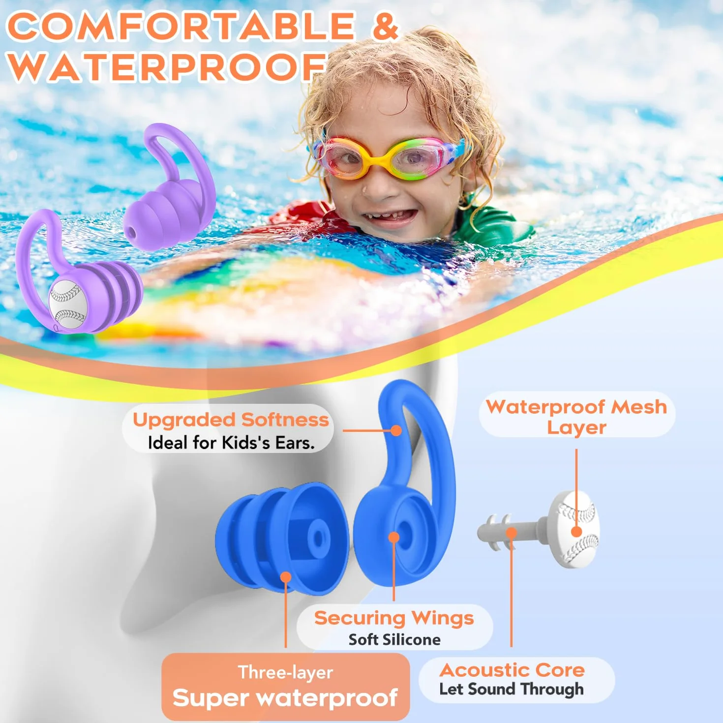 Tapones para los Oídos para Natación para Niños 2-9 años 3 Pares Silicona Suave Reutilizables Nadar