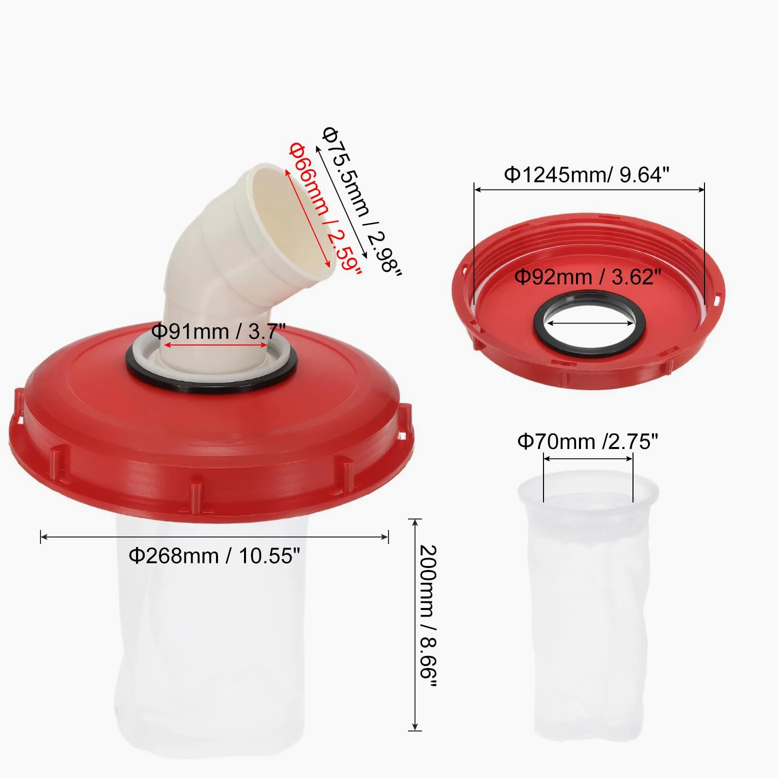 PATIKIL 45° IBC Tapa Filtro Cubierta 245mm Plástico Ton Barril Cubierta con Lavable Nylon Filtro IBC Manijas Manguera Adaptador para Lluvia Tanque 1000L IBC Tanque Rojo Blanco