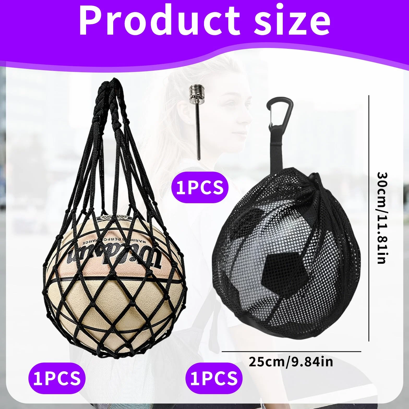 Bolsas de Red para Balones con Cordón y Gancho, Mochilas Portátiles para Baloncesto, Fútbol, Voleibol y Rugby, con Aguja de Inflado