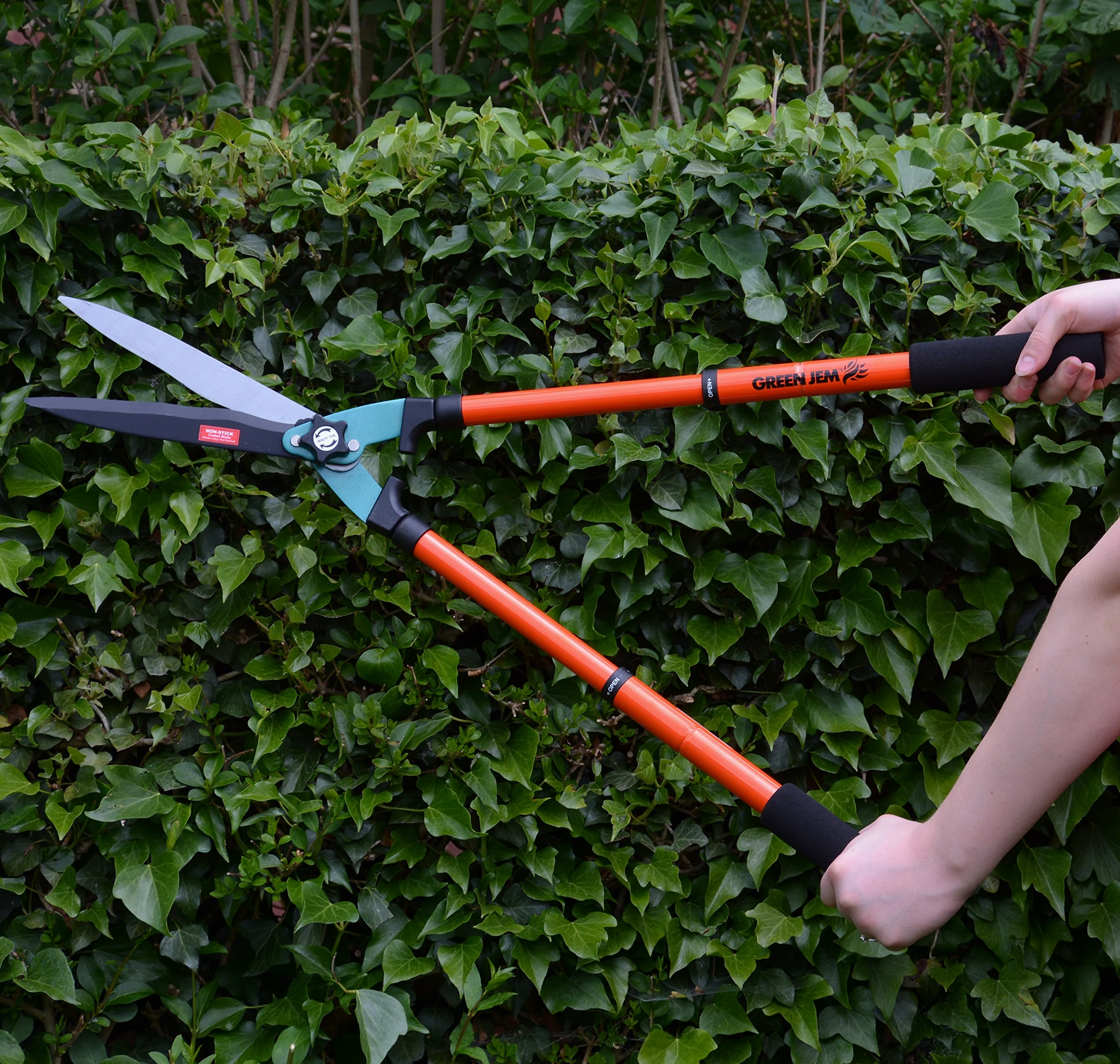 Verde Jem telescópica Tijeras Cortasetos cortadores Herramientas de jardinería con Antiadherente Cuchillas – Naranja