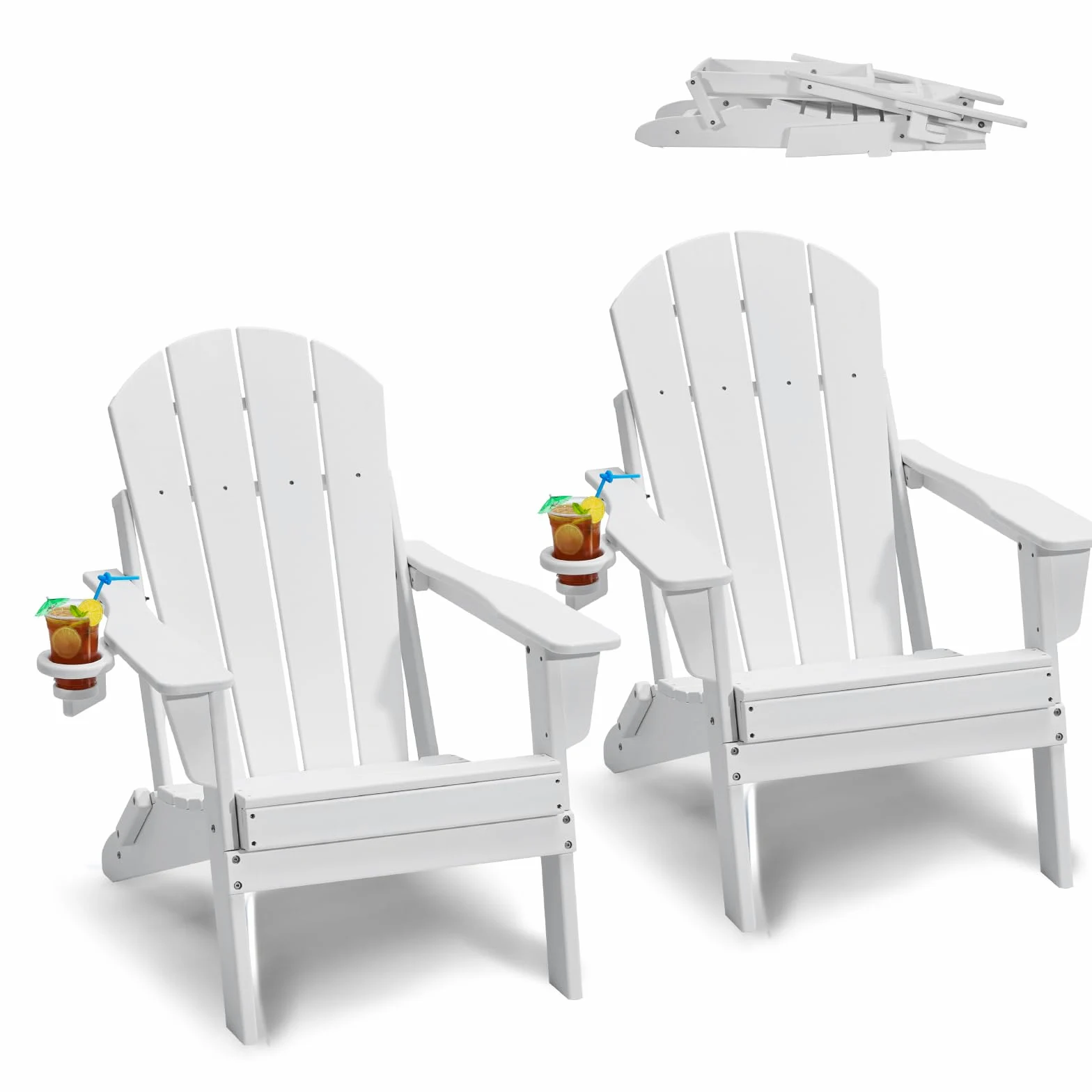 VEVOR 2 Juegos de Sillas Adirondack de Plástico Plegables y Portátiles de 800 x 755 x 915 mm para Exteriores, con Portavasos, Reposabrazos Relajante y Ergonómico para Jardín, Patio Trasero, Blanco
