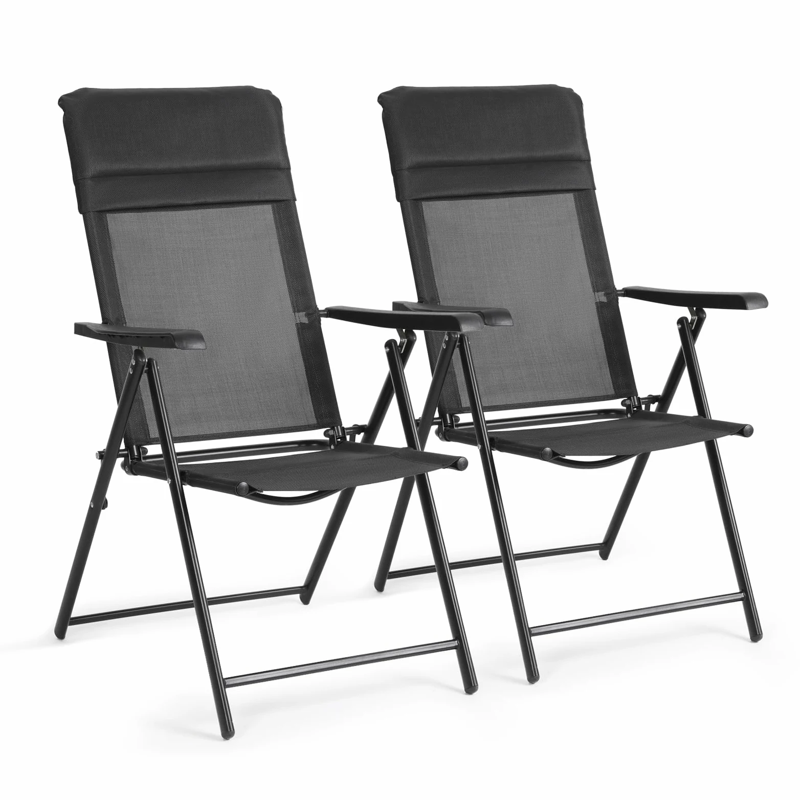 VOWNER Pack de 2 Sillas de Jardín Plegables – Silla Exterior con Respaldo Alto y Reposacabezas Extraíble – Sillones de Jardín de Textileno Transpirable y Metal – Ideal para Terraza, Balcónm, Negro
