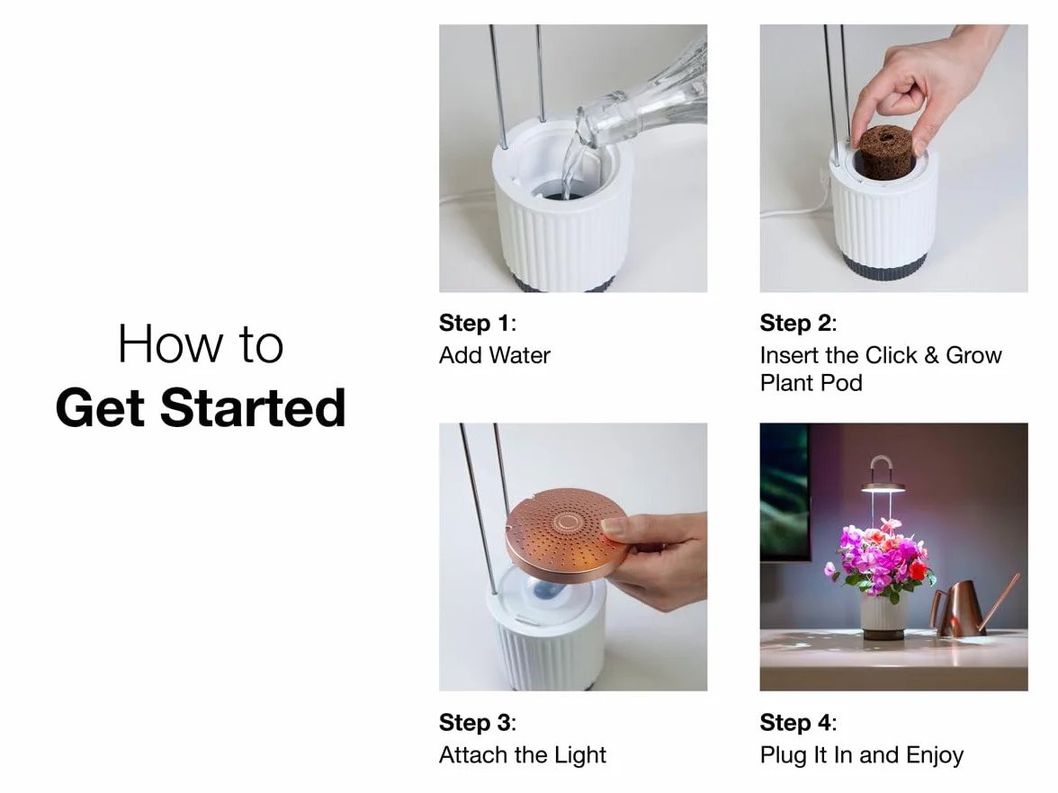Mini Huerto Inteligente con Cápsulas de Petunia Click & Grow, Hydrovase Smart Garden, Kit de Cultivo Interior con Luz de Crecimiento LED y Autorriego