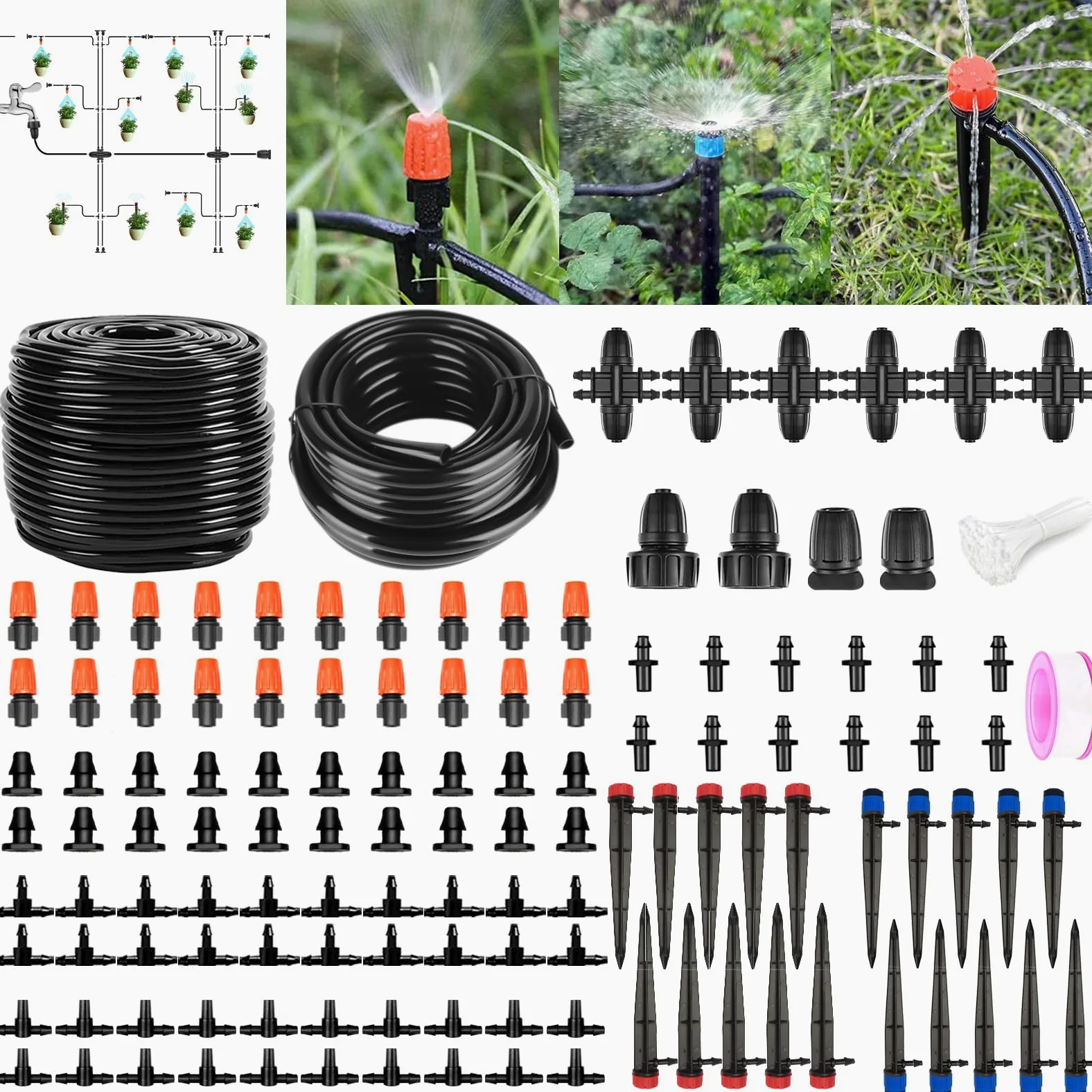 Sistema de riego por goteo de 200 pies + 40 pies, sistema de riego de jardín con tubo principal de 8/11 mm, tubo de riego de distribución de 4/7 mm y accesorios, sistema de riego para jardín,
