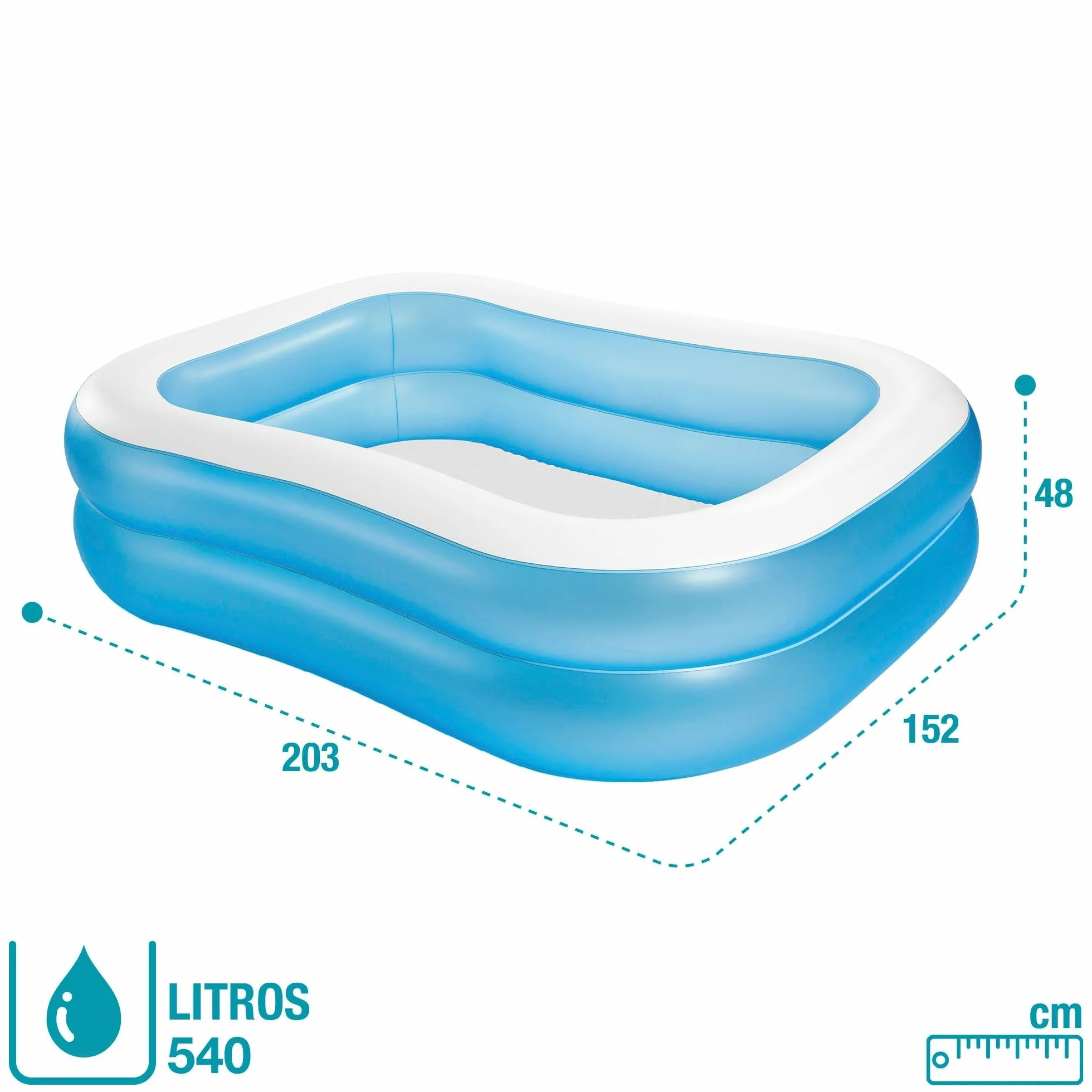 Intex Piscina hinchable infantil familiar rectangular, Medidas 203x152x48cm, 540 litros de capacidad, Piscina hinchable rectangular y azul, juego para niños (57180)