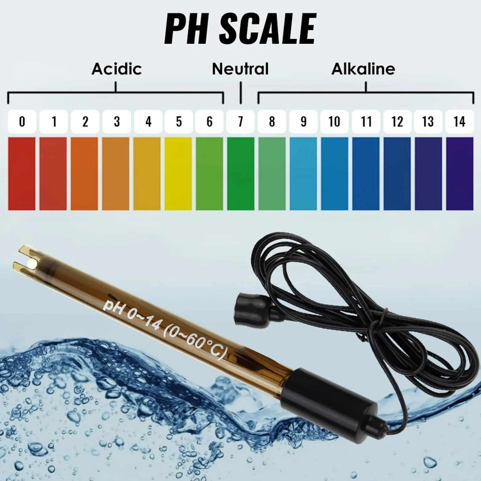 Sonda de pH for piscinas con conector BNC de 50 ohmios, cable de 200 cm, for hidroponía y acuarios. Incluye sonda for medir el pH del agua.