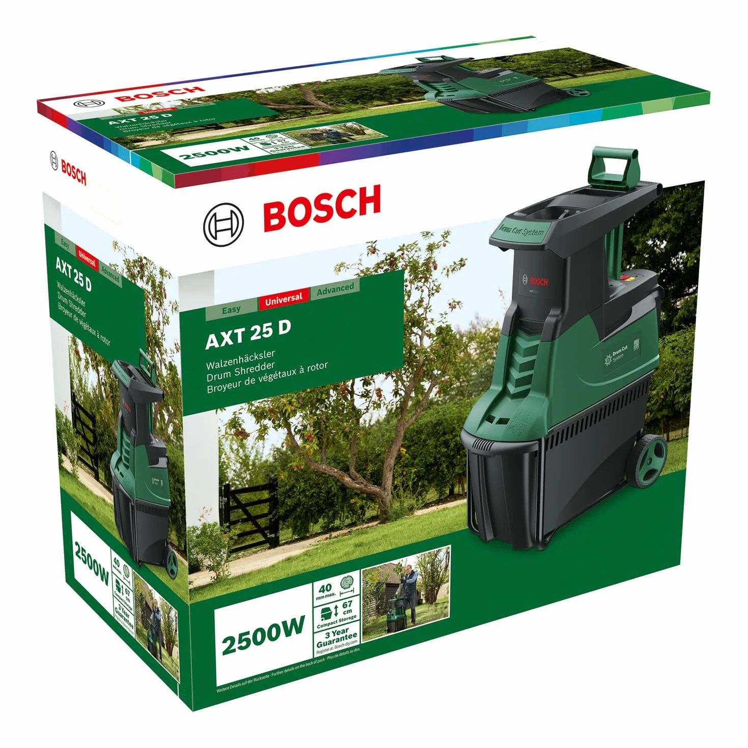 Bosch desmenuzadora silenciosa de jardín AXT 25 D (2500 W; apta para madera y zarzas duras; caja de recogida integrada de 53 L)