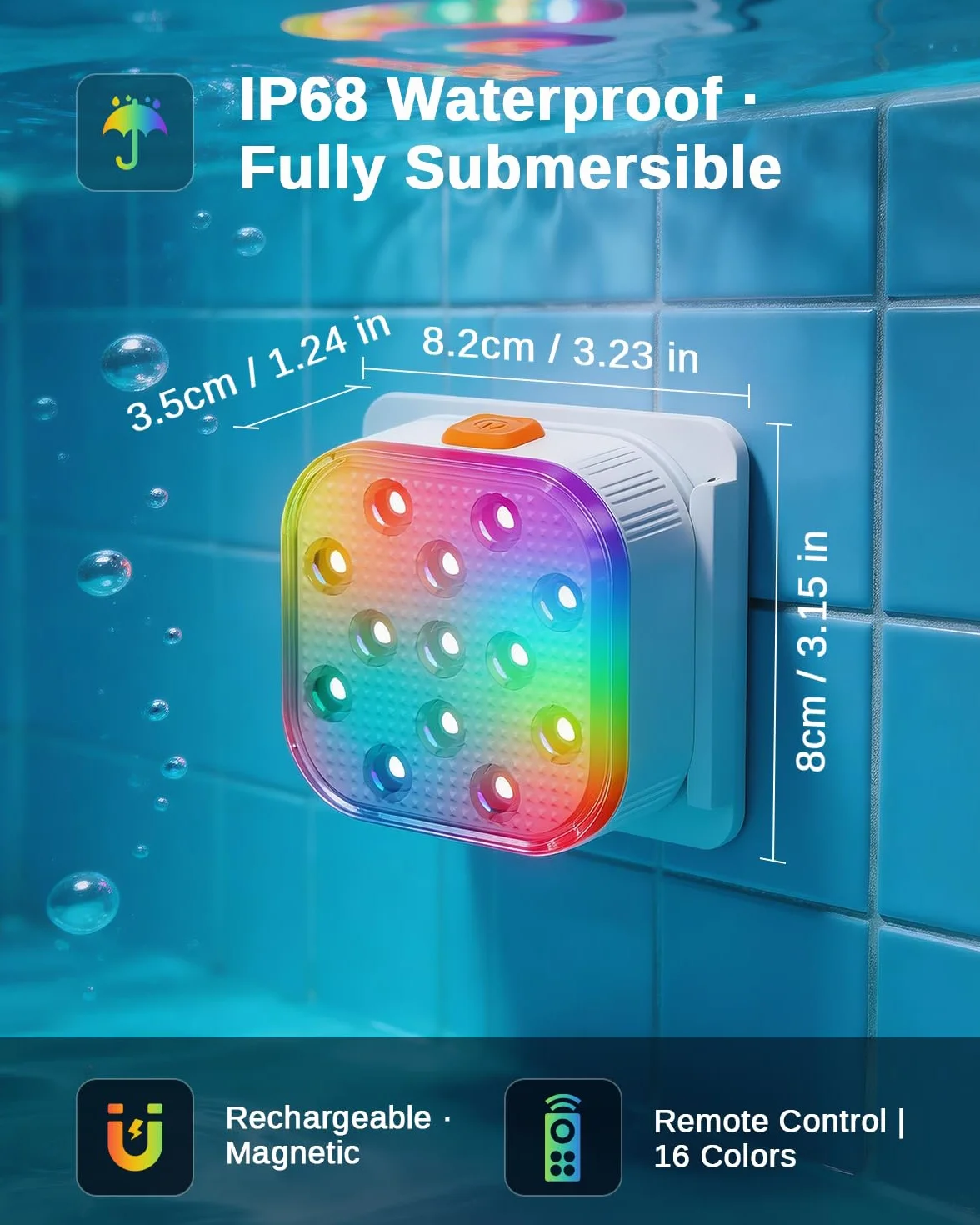 SoulBay - Luces de piscina subacuáticas, 2 piezas de luces magnéticas recargables para bañera de hidromasaje con control remoto, 16 colores y 6 modos dinámicos RGB, accesorios de spa LED impermeables