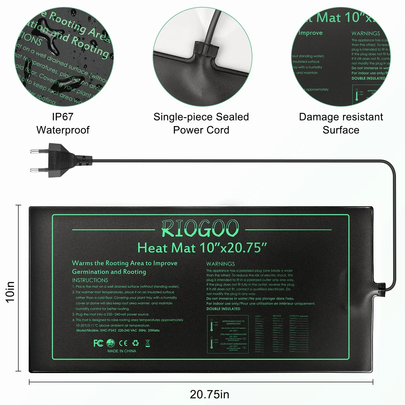 RIOGOO Alfombrilla térmica para Plantas de semillero, Resistente al Agua, para Invernadero, Duradera, de 10 "x 20,75", para propagación térmica de germinación (Paquete de 2)