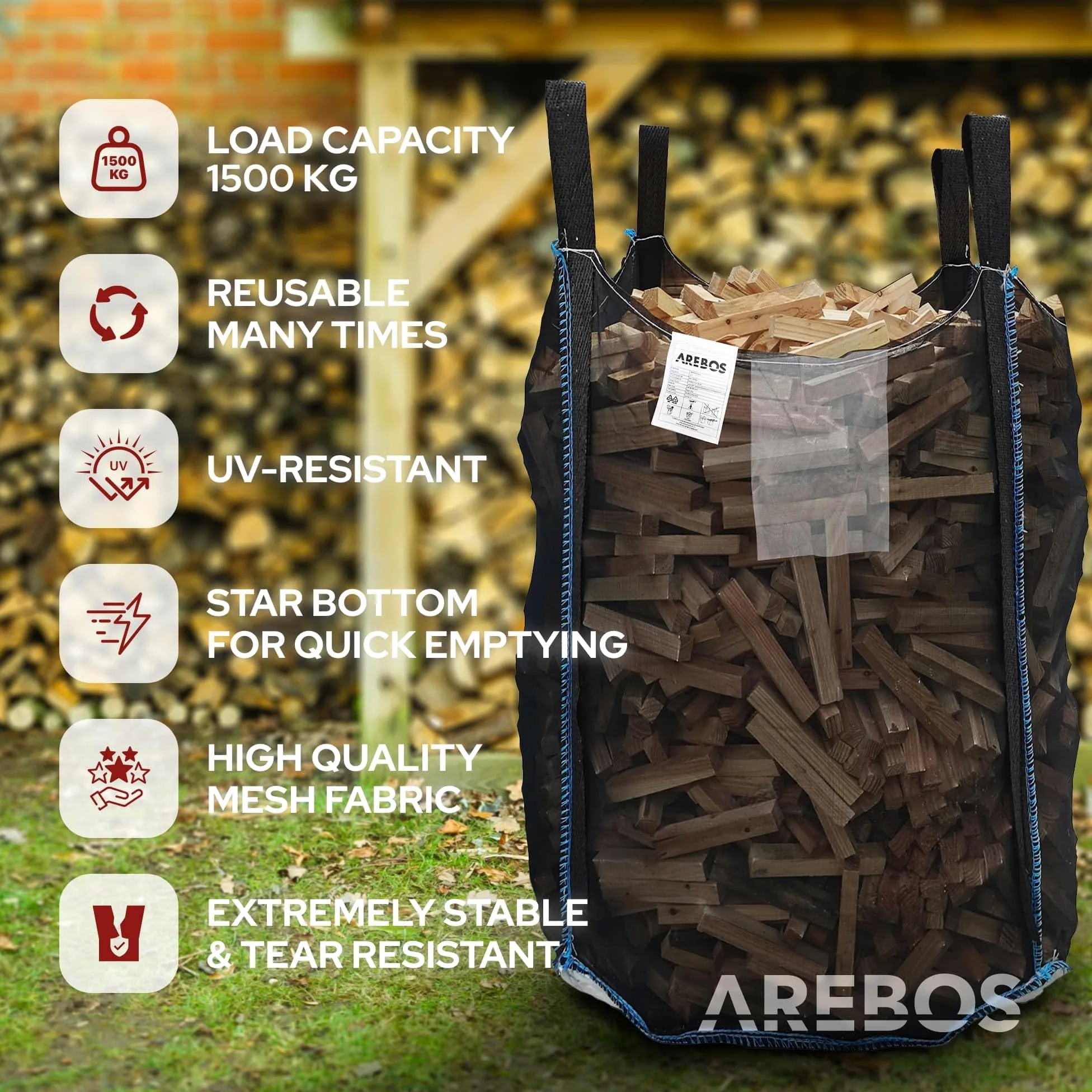 Arebos Bolsa grande | 100 x 100 x 160 cm, con 4 trabillas y delantal | capacidad de carga de 1500 kg | SF 5:1, EN ISO 21898 | saco para escombros de construcción, madera, residuos de