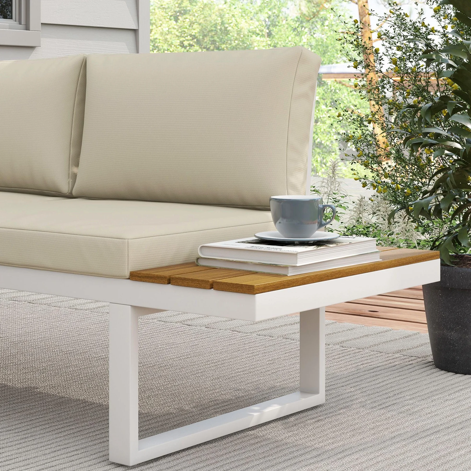 Outsunny Conjunto de Muebles de Jardín Exterior 4 Piezas Juego de Muebles de Terraza Incluye 2 Sofás Dobles 1 Sofá Esquinero Reclinable y Mesa de Centro Mesita Lateral con Cojines para Patio Crema