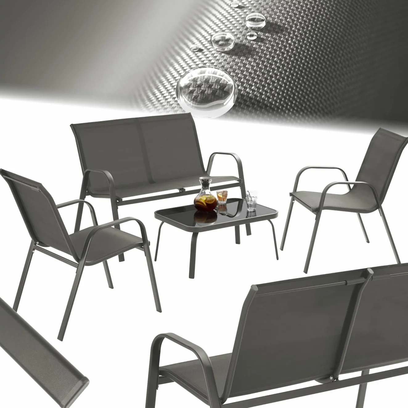 tectake® Conjunto Jardin Exterior para 4 Personas, Muebles Jardin Exterior con Estructura de Acero, Mesa con Vidrio de Seguridad, Muebles Terraza y Sofa Terraza - Antracita