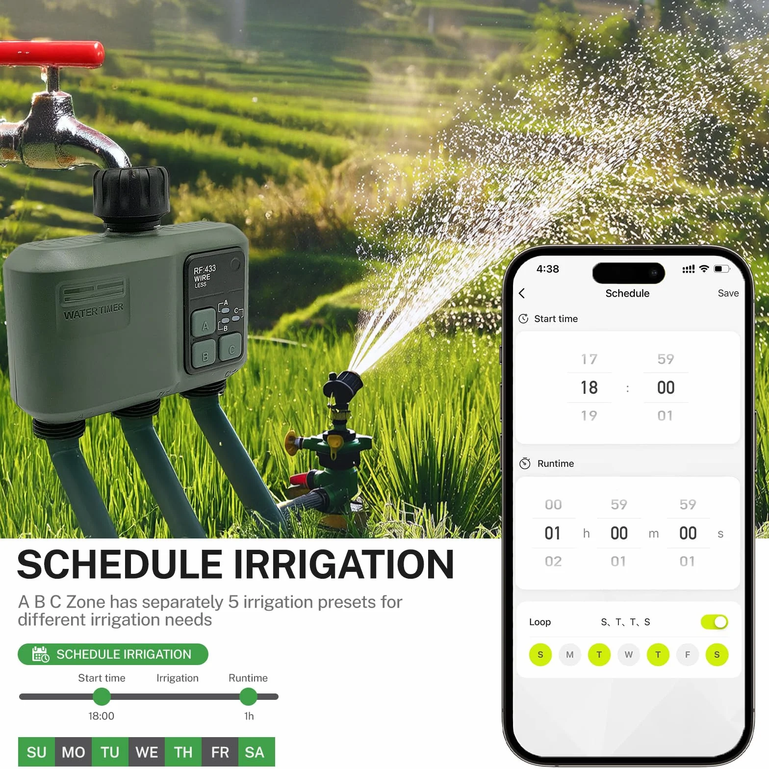 johgee Programador Riego WiFi 3 Salidas con tecnología RF 433 500M, riego temporizado Inteligente con App, Control por Voz Alexa, 6 horarios de riego, Temporizador de riego automático para jardín