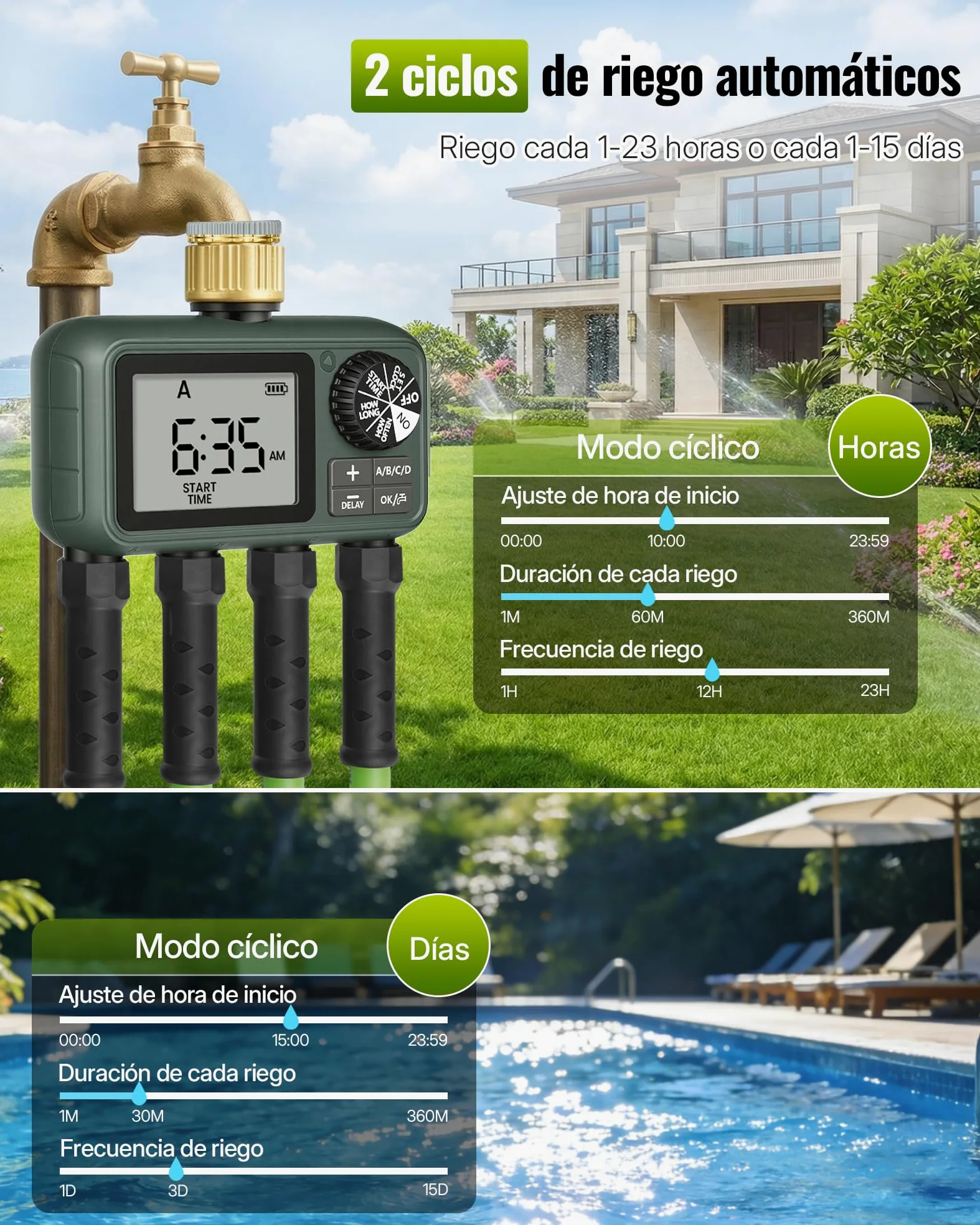 Programador de Riego de 4 Válvulas, Ordenador de Riego Automático, Temporizador para Grifo de Manguera de Jardín, Función de Retraso por Lluvia, Patio y Césped, Verde Oscuro