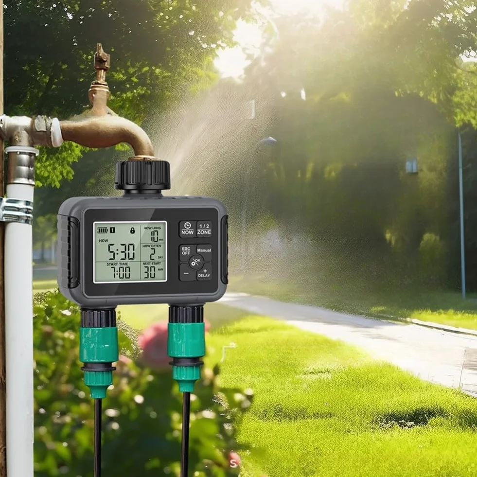 Temporizador de agua programable para grifo de jardín con configuración de entrada y salida de zonas duales independientes y capacidad de anulación manual