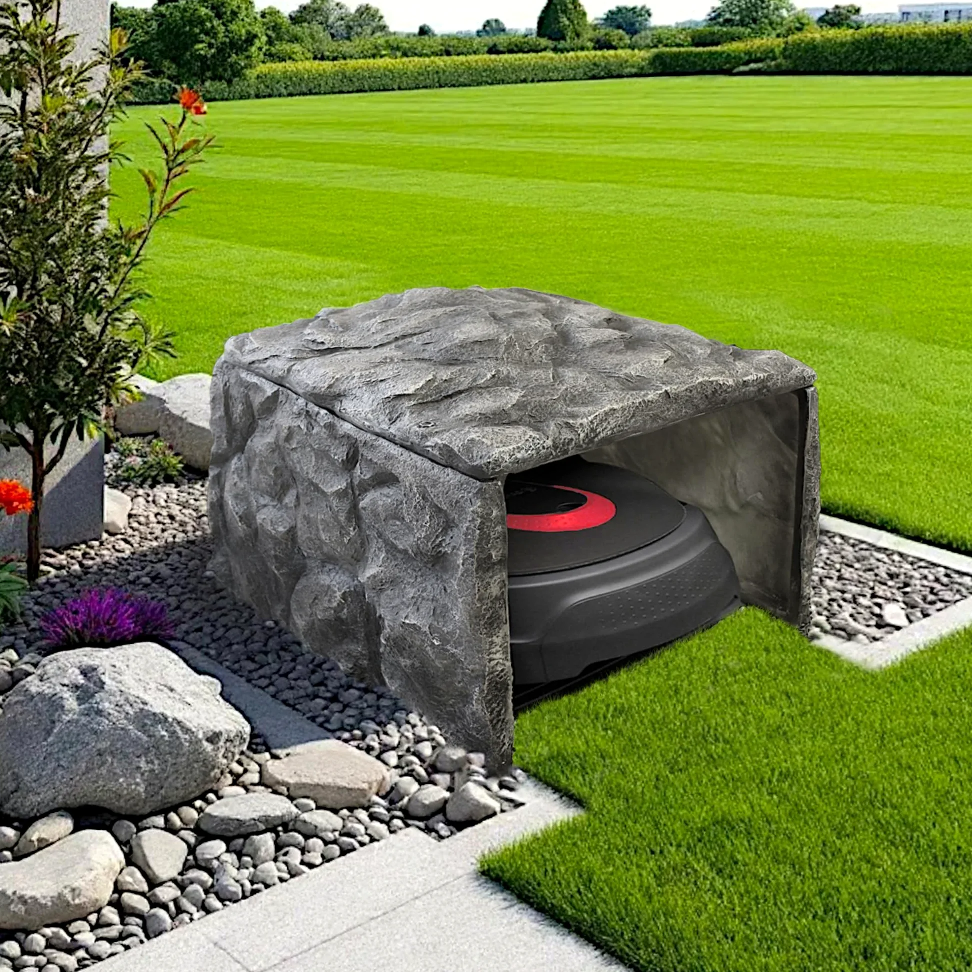 Garaje para robot cortacésped con aspecto de piedra, diseño de cubierta, 58 x 72 x 51 cm, polirresina, gris, rocas de jardín