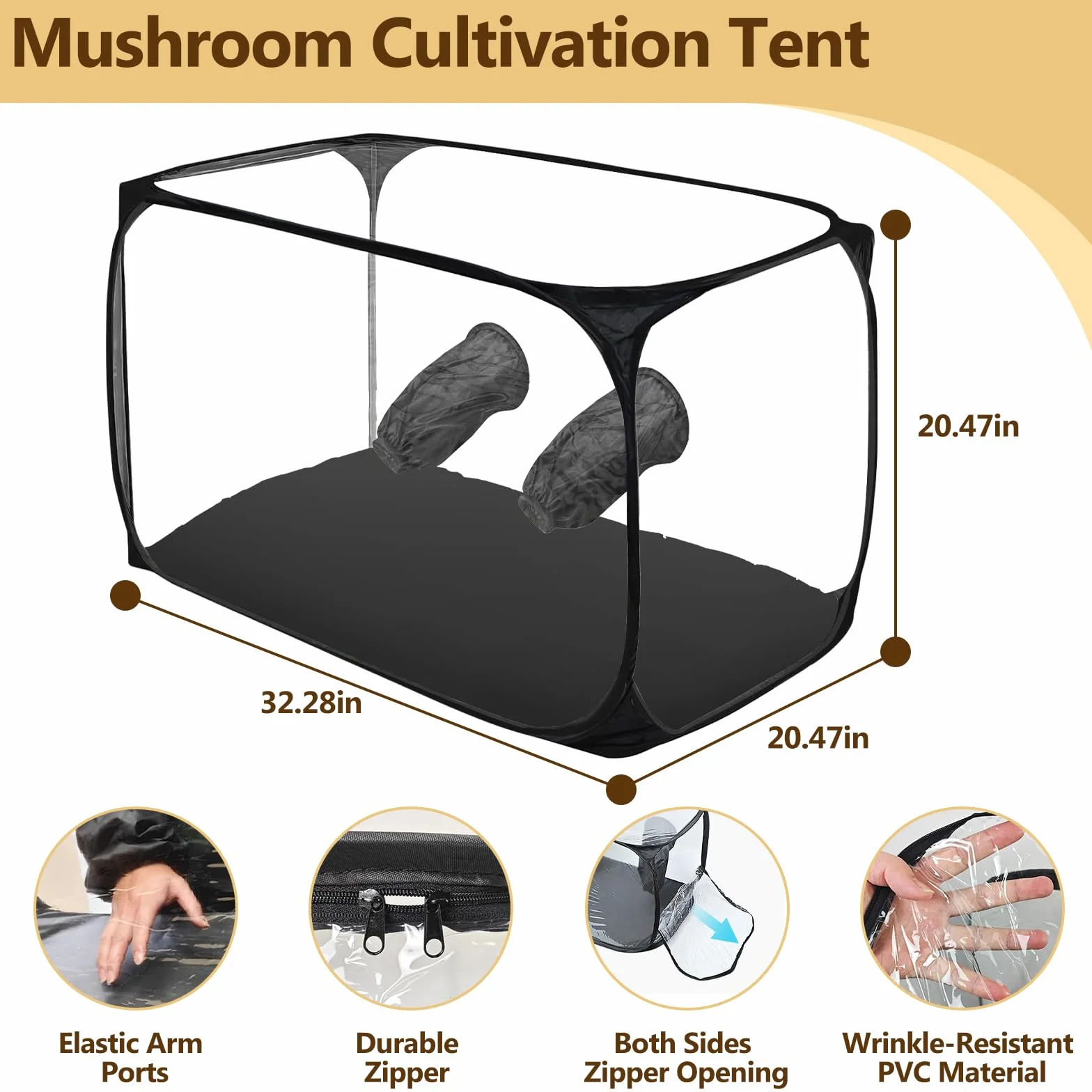 Tienda de cultivo de hongos grande de 82 x 52 x 52 cm, caja de cultivo de setas, caja de cultivo de hongos con caja de aire silenciosa, tienda de cultivo portátil y plegable con dos aberturas para