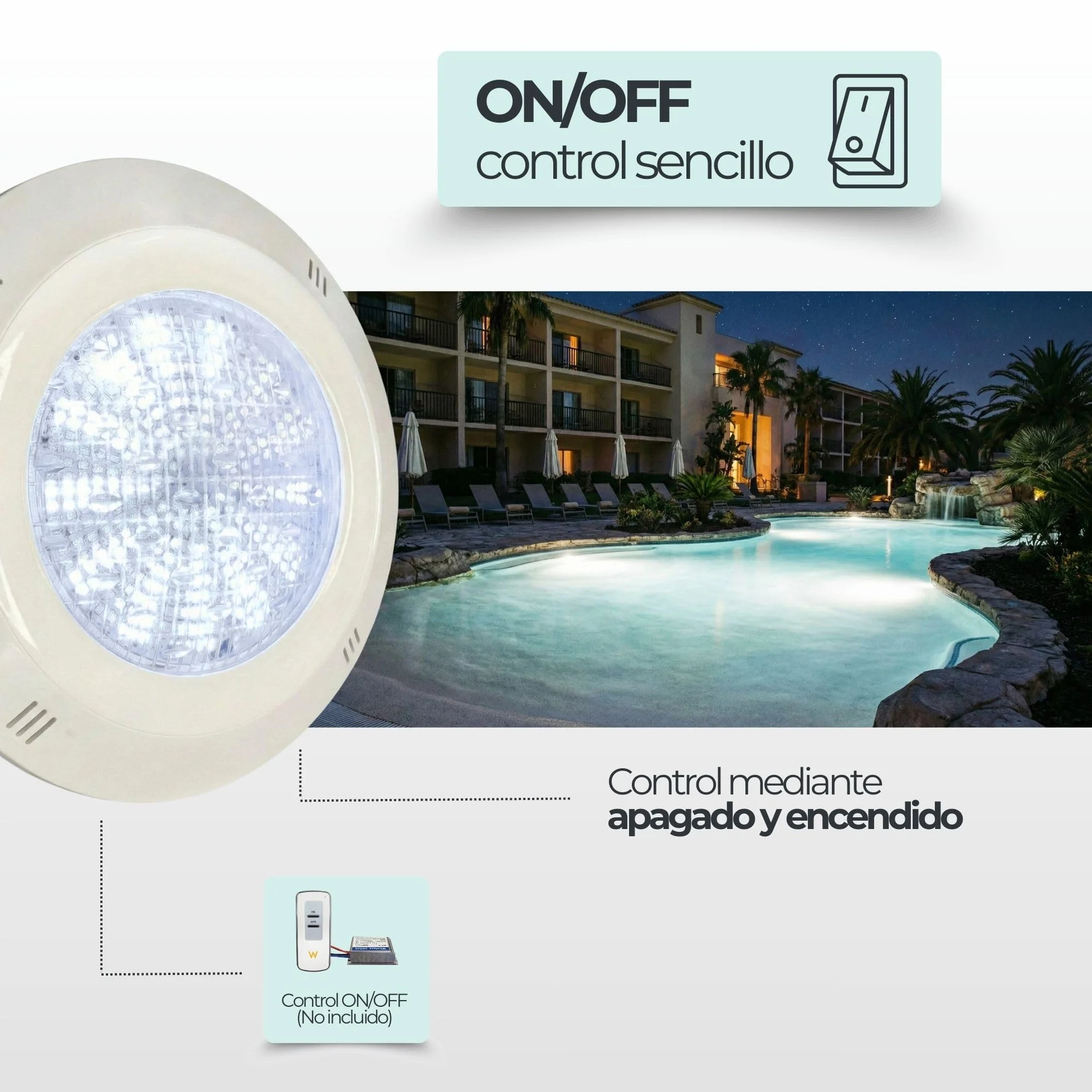 SWIMHOME Warmpool Foco LED Piscina Superficie 18W 12V AC Blanco Frío 6000K IP68 29cm Cruceta 4 Tornillos