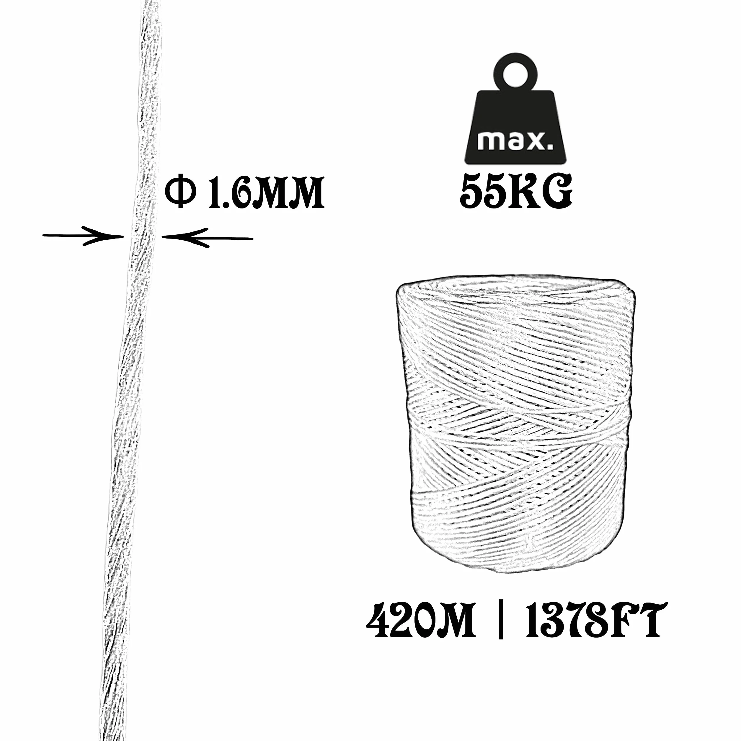 Hilo Rafia Polipropileno, 1,6MM * 420M, Hecho en España, para Agricultura, paquetería, Bricolaje, jardinería Blanco