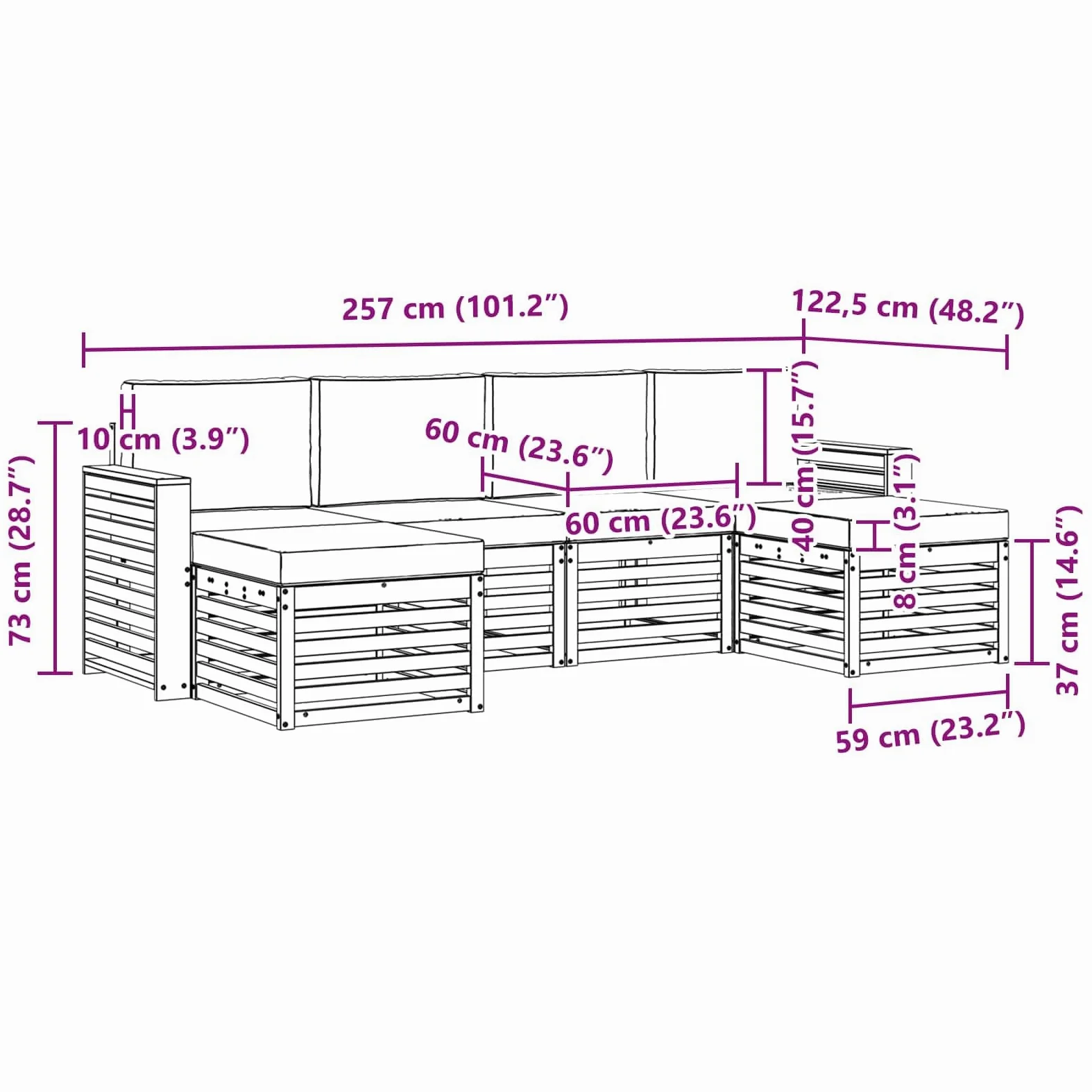 Juego de 6 sofás de exterior de madera maciza de acacia para terraza y jardín, diseño modular resistente a la intemperie, con 6 asientos, incluye cojines y respaldos acolchados