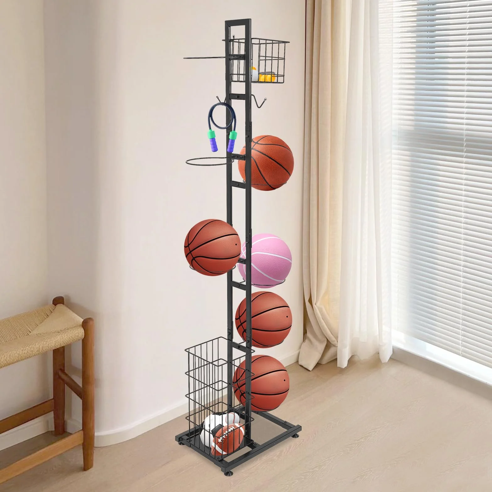 Soporte para pelotas vertical 5 soportes 2 cestas estantería exhibición fútbol voleibol baloncesto 41x28x156 cm