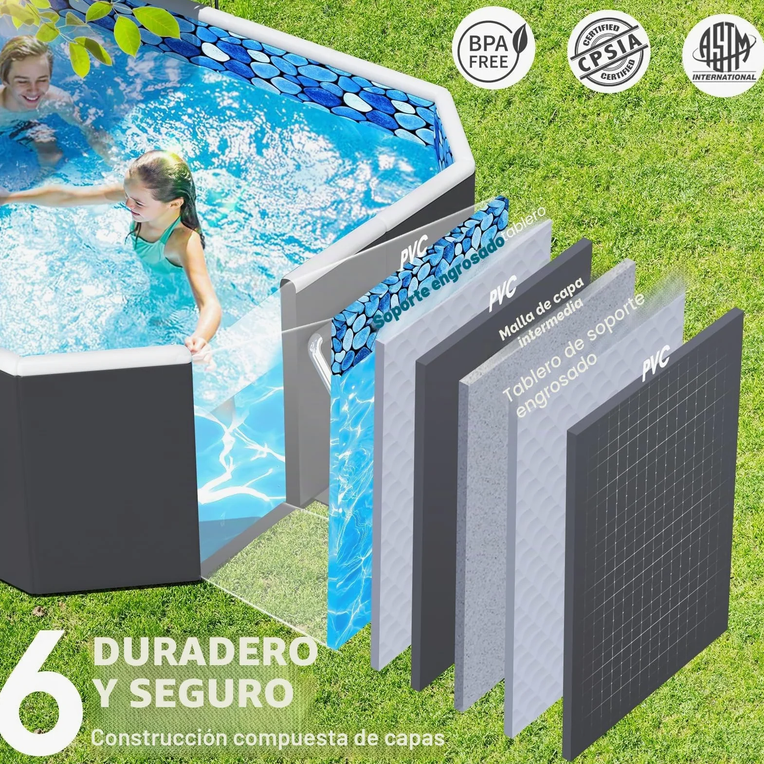 Luxfero Piscina Desmontable Rectangular con Toldo Solar, Piscina Desmontable Tubular Plegable, Piscina Rectangular de Exterior Épaissi, Fácil de Guardar Piscina para Adultos y Niños, 228 x 127 x 50 cm