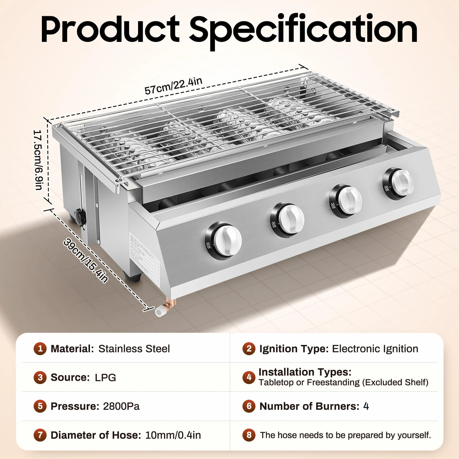 Barbacoa de gas 4 quemadores de acero inoxidable GLP Gas Plancha BBQ Barbacoa de mesa para picnic 58 x 40 x 20 cm