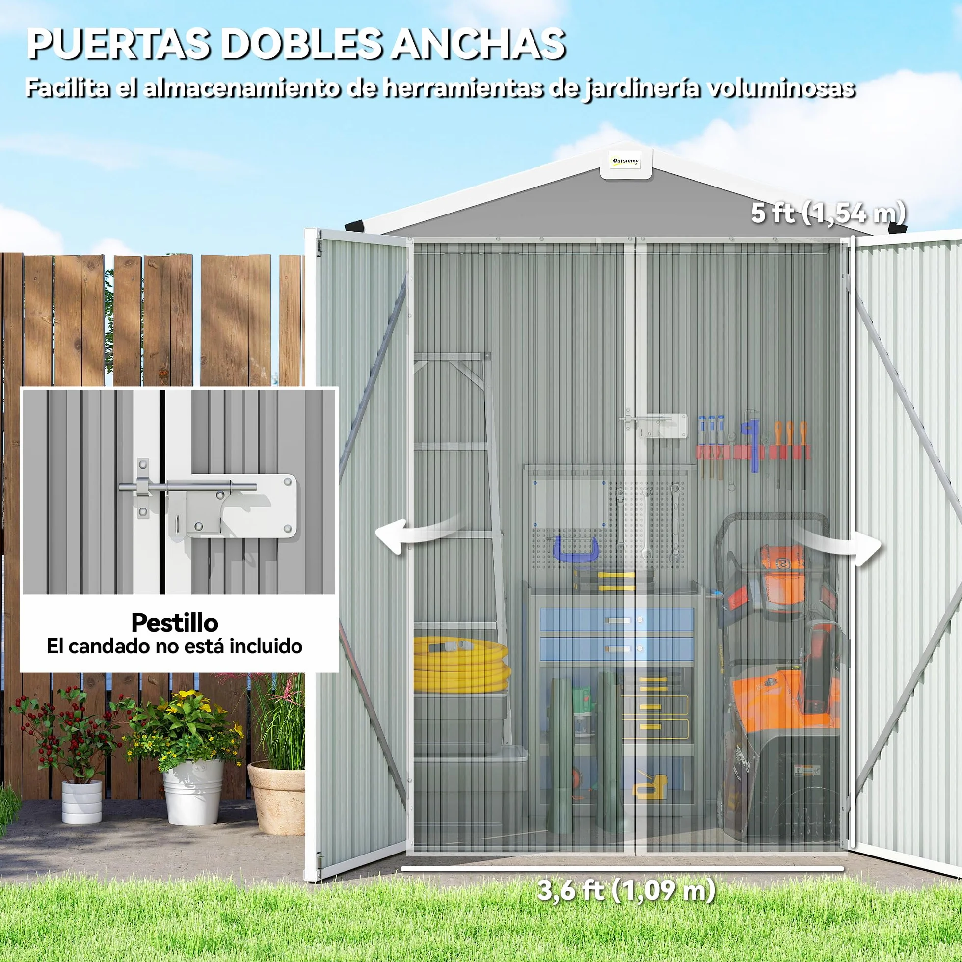 Outsunny Caseta de Jardín Exterior 1,1 m², 133x87x178 cm, Cobertizo Metálico con Puertas Abatibles Dobles, Techo a Dos Aguas y Guantes, Almacenaje de Herramientas y Bicicletas, Gris