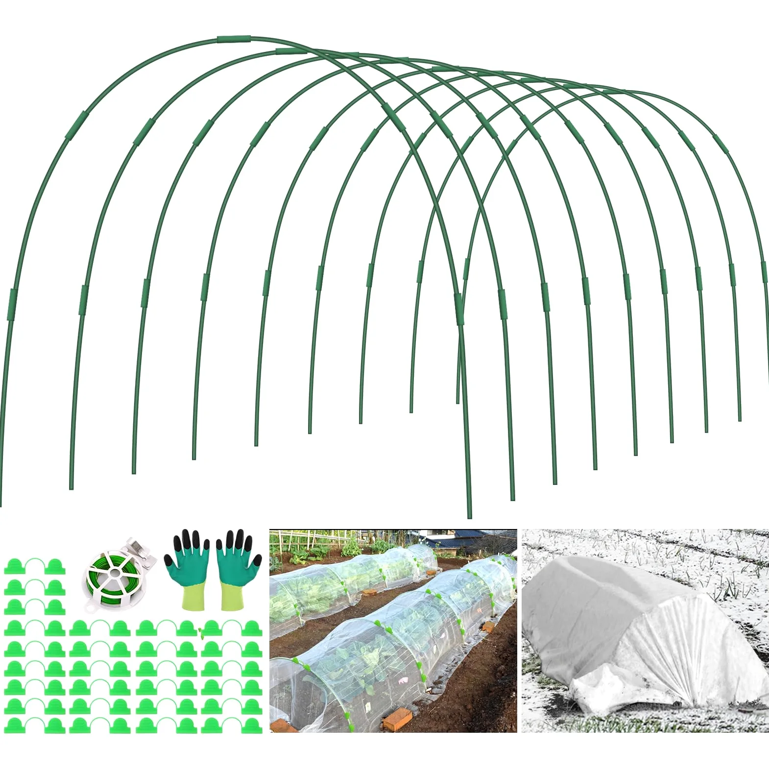 45 aros de invernadero para camas elevadas, 9 juegos de aros de jardín, túnel de cultivo, kit de aro de fibra de vidrio sin óxido, soporte para plantas, estacas de jardín, marco para red, sombra,